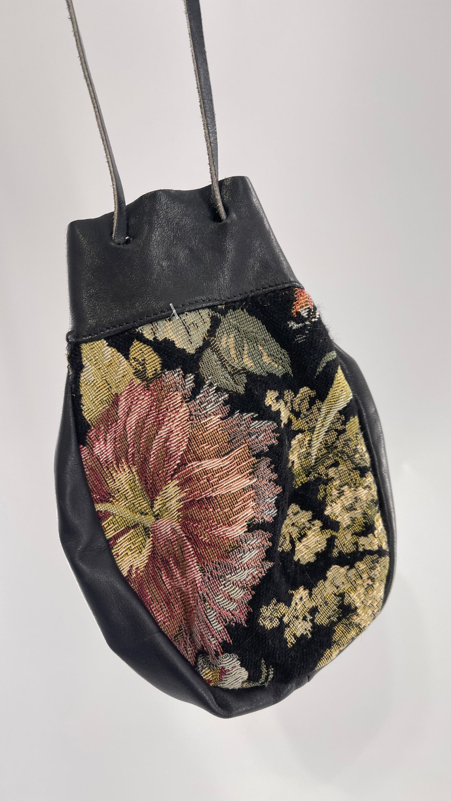 Vintage Floral Tapestry and Black Genuine Leather Pouch Satchel Purse