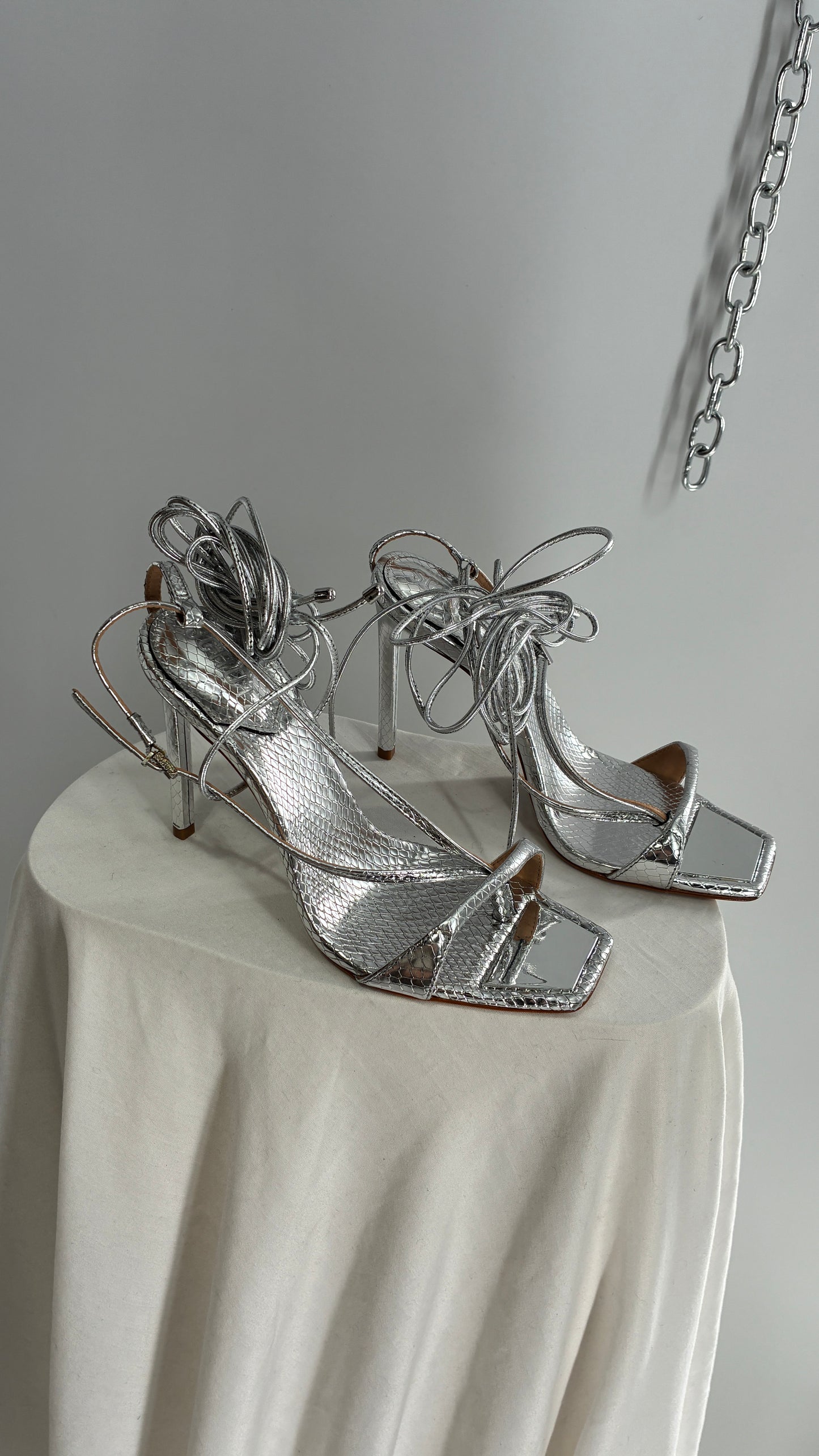 SCHÜTZ Silver Angular Tie Up Heels with Mirror Toe Detail (7)