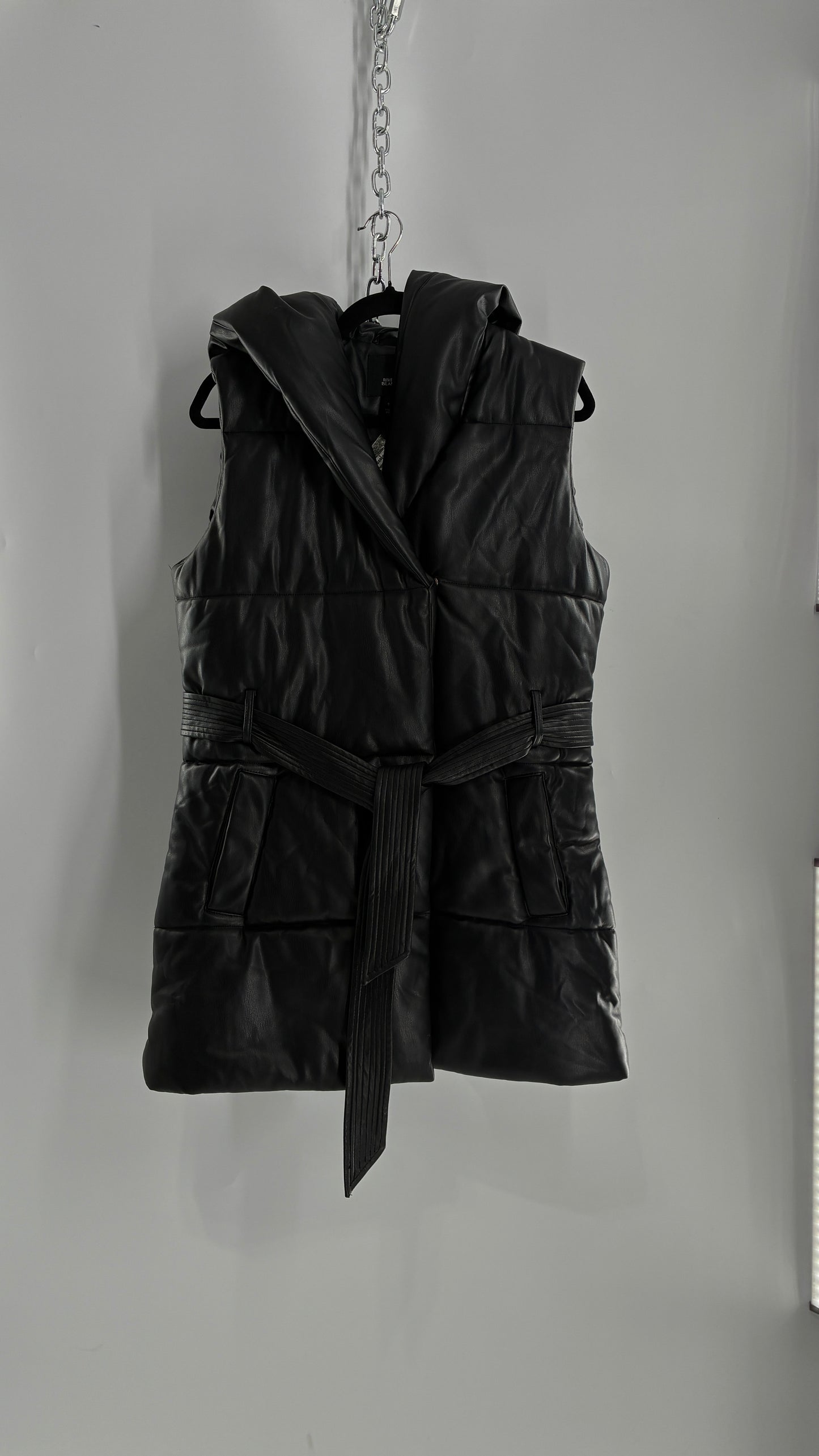 River Island Black Vegan Leather Puffer Style Sleeveless Vest (Small)