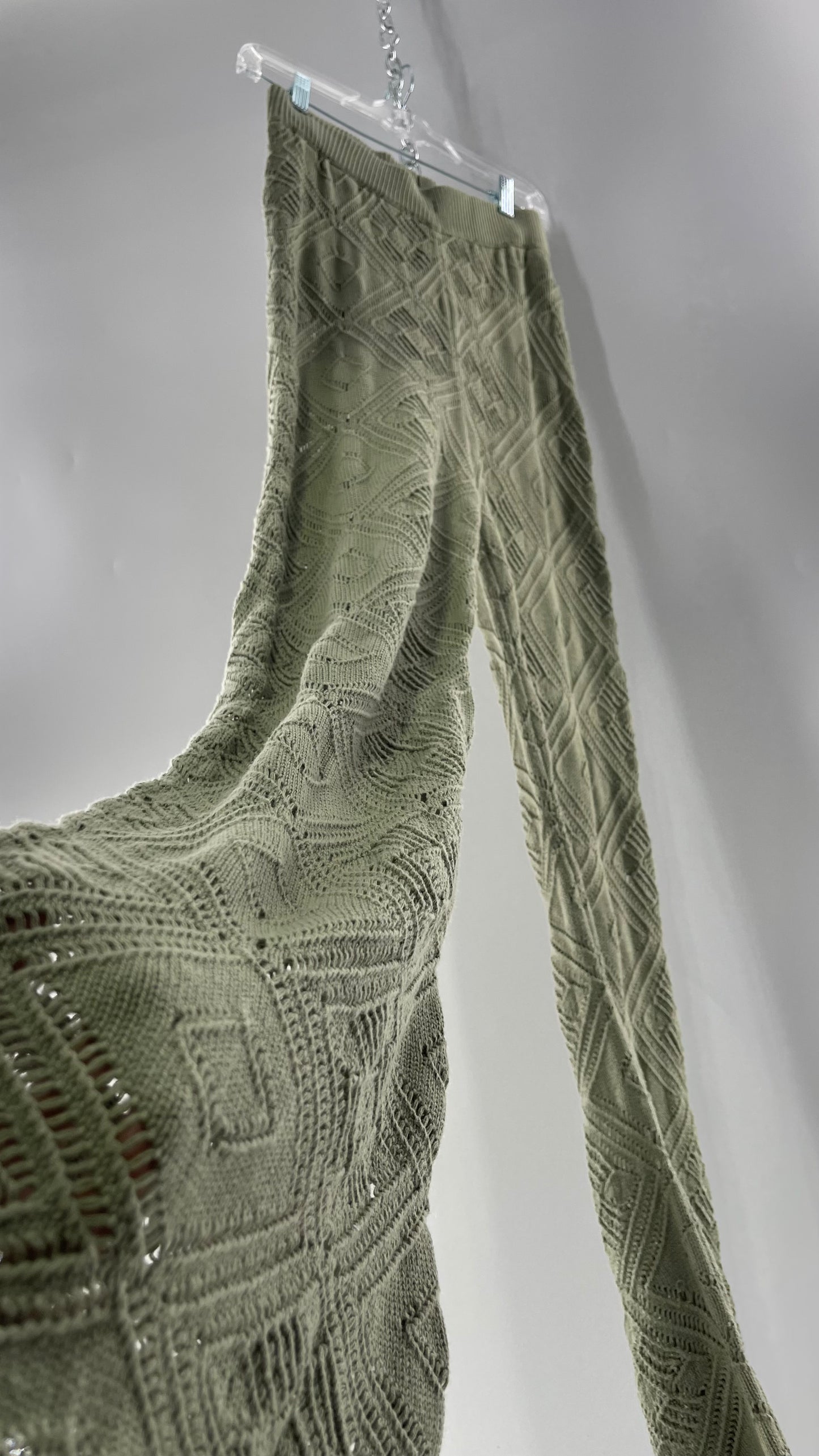 Free People Beach Sage Green Crochet Wooden Button Front Cardigan and Wide Leg Set (Medium)