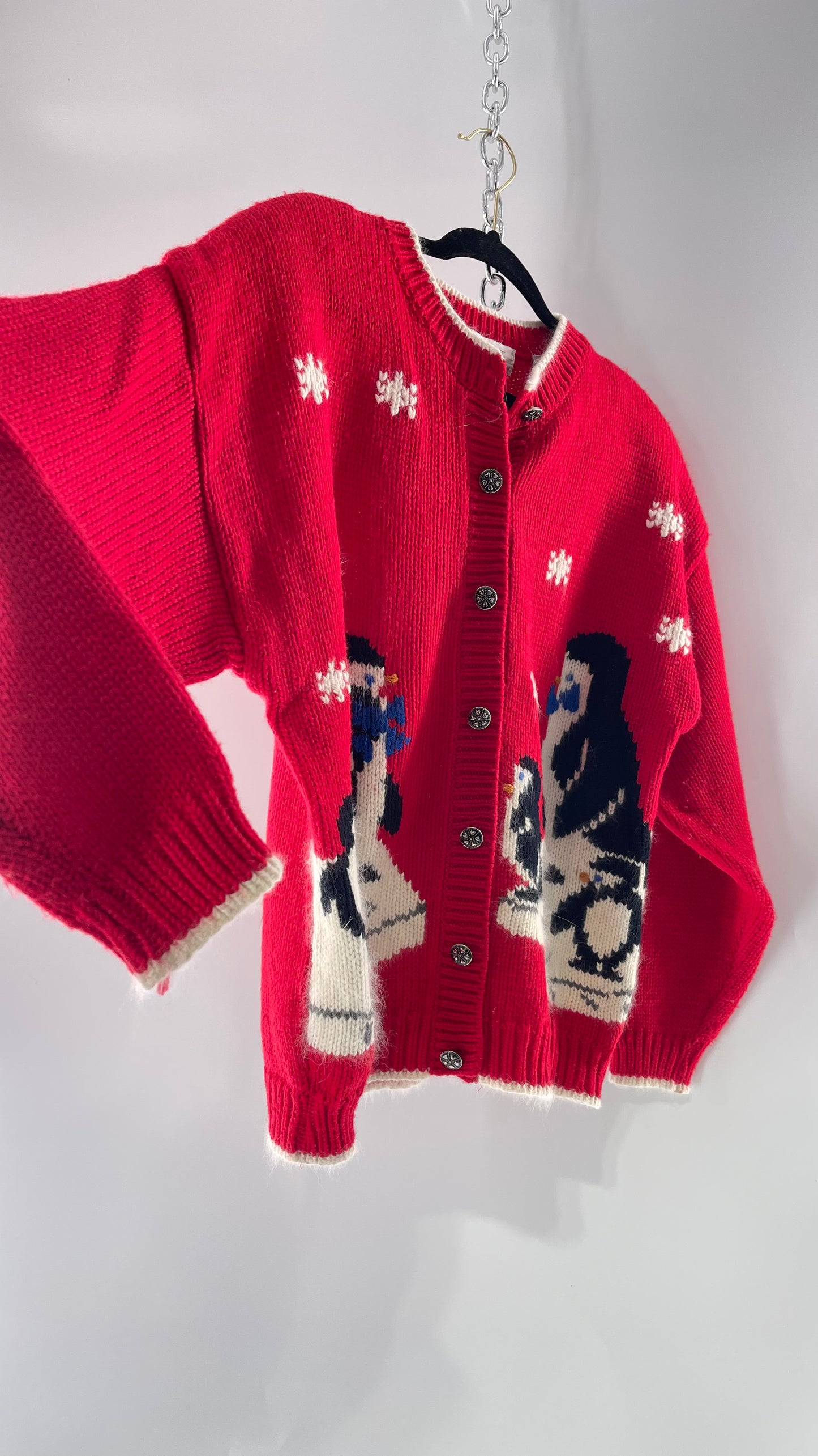Vintage Karen Scott Silver Button Front, Red Cardigan with Shoulder Padding and the Sweetest Festive Penguins in Bow Ties (Large)