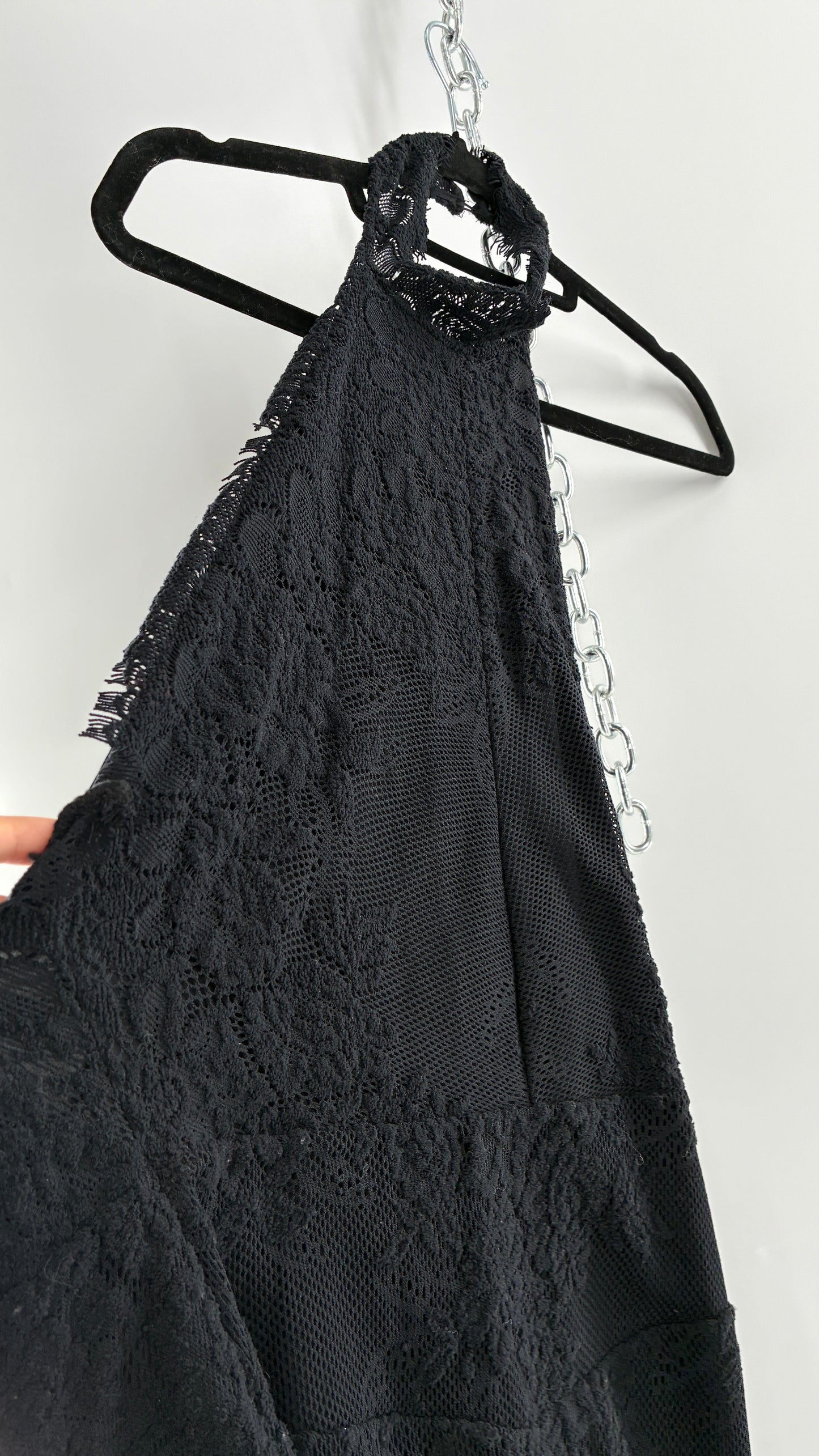 Free People Black Lace Halter Mini Dress with Open Back (Medium)