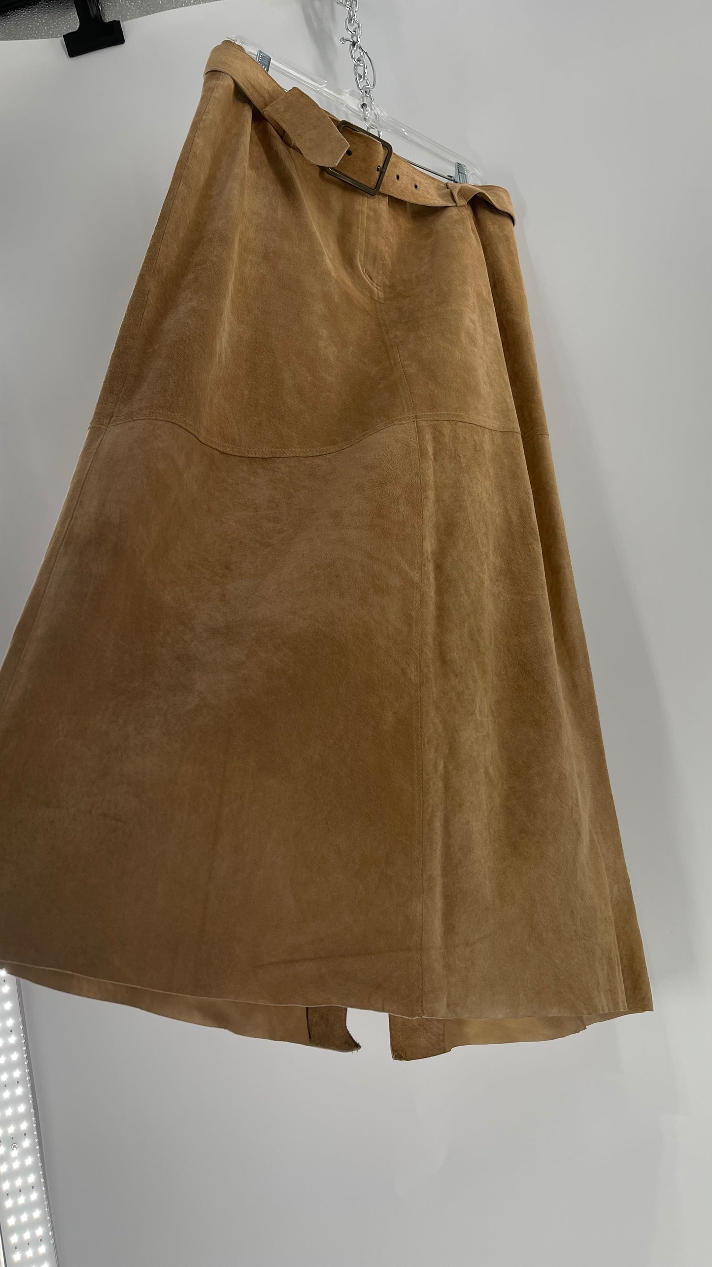 Vintage Margaret Godfrey Tan Suede Low Rise Full Length Skirt with Grommet Belt (14)