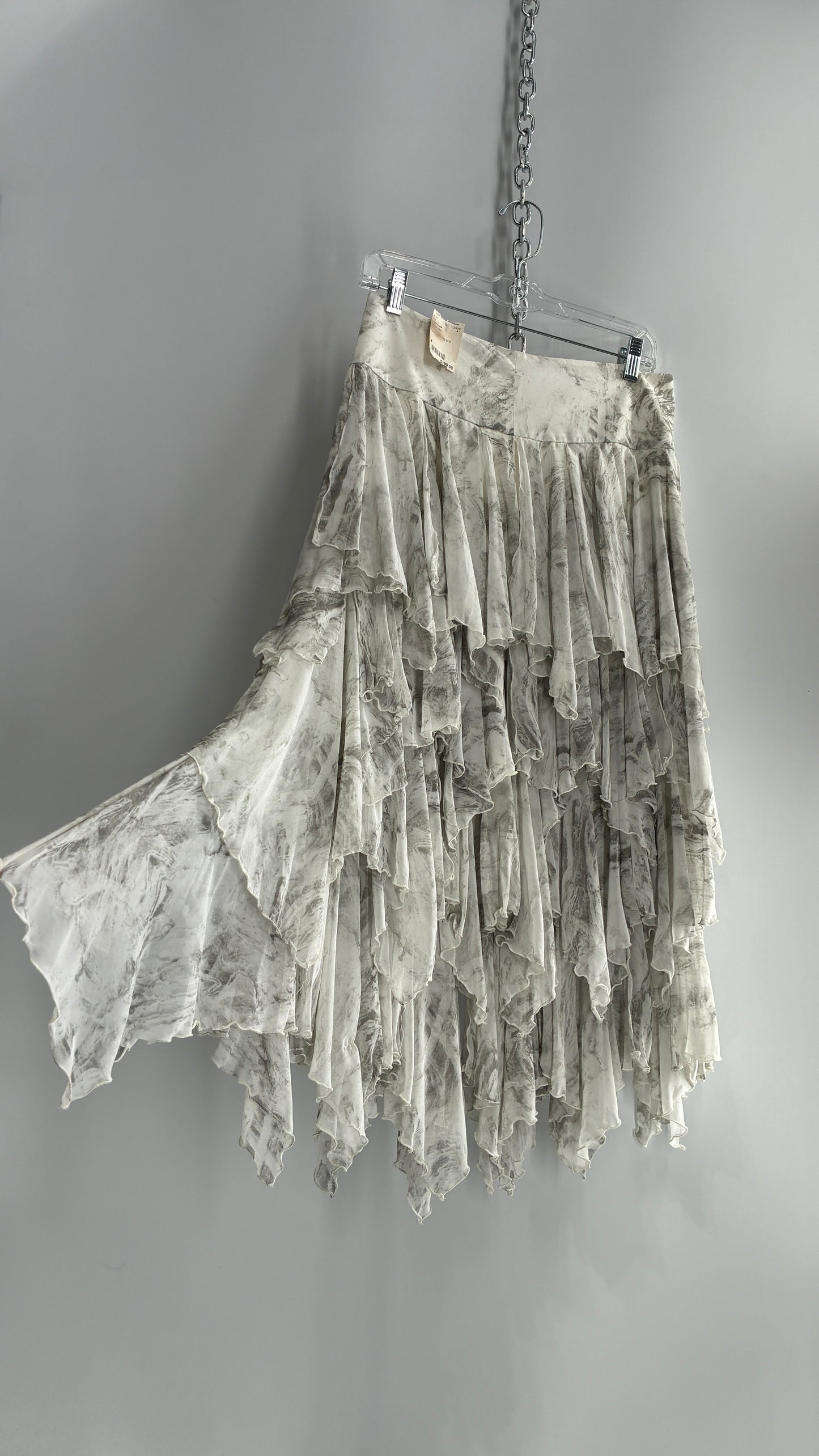 Free People Layered, Tiered Voluminous White and Grey Watercolor Full Skirt with Tags Attached (4)