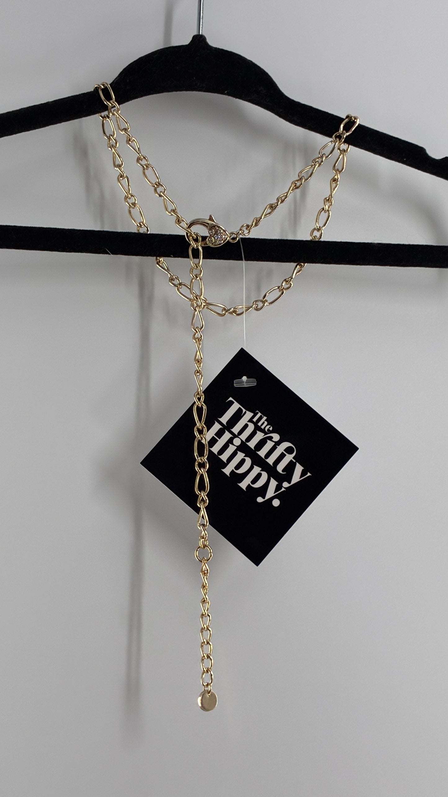 Gold Chain Link Adjustable Necklace with Heart Rhinestone Clasp
