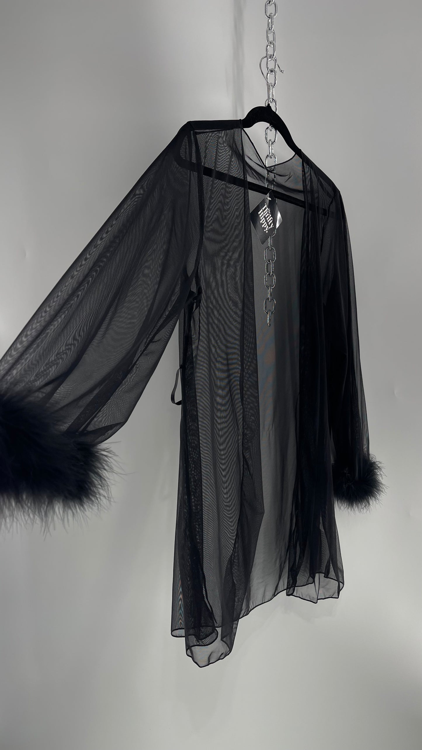 Black Mesh Long Sleeve Toss On with Feather Cuffs (Medium)