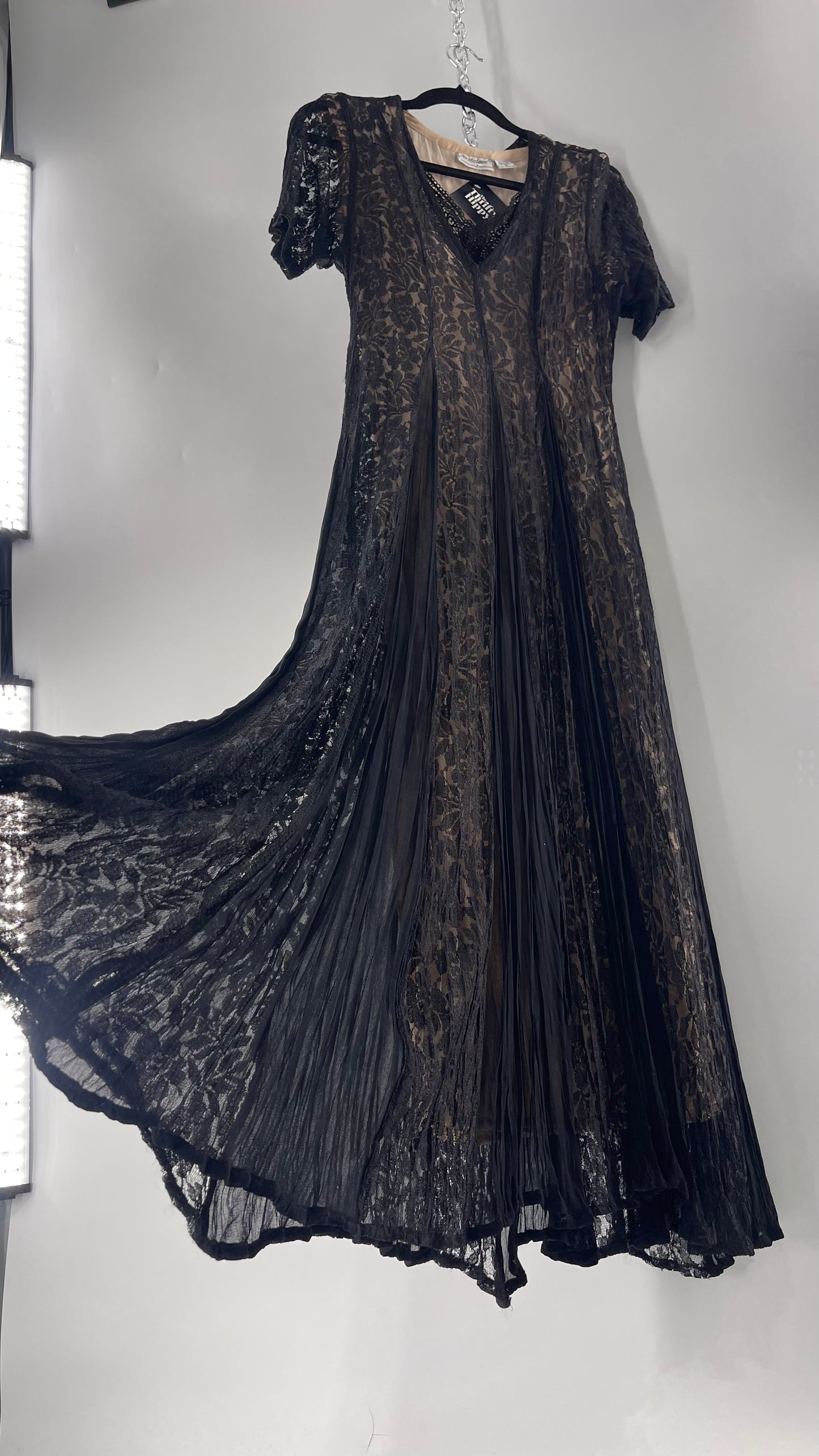 Nostalgia Vintage Black Lace Gown with Pleated Vents and Beige Underlay (Small)