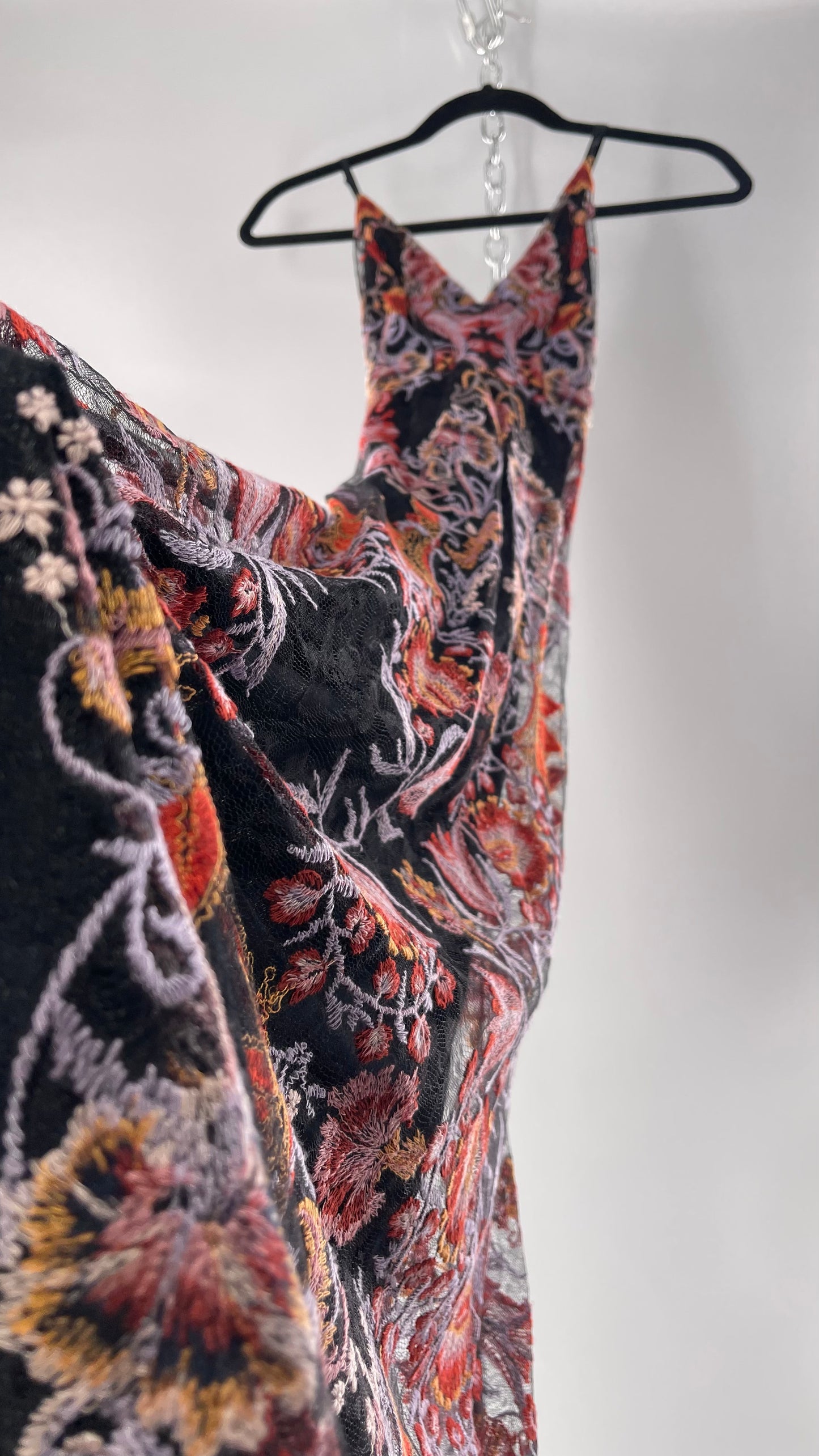 Free People Black Fall Toned Floral Embroidered Tule Sleeveless Maxi Dress (2)
