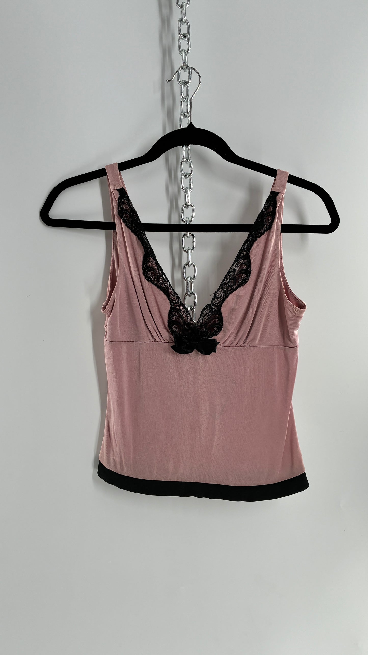 Vintage 1990s Express Dusty Pink Camisole with Black Lace Details and Bow Bust (XS)