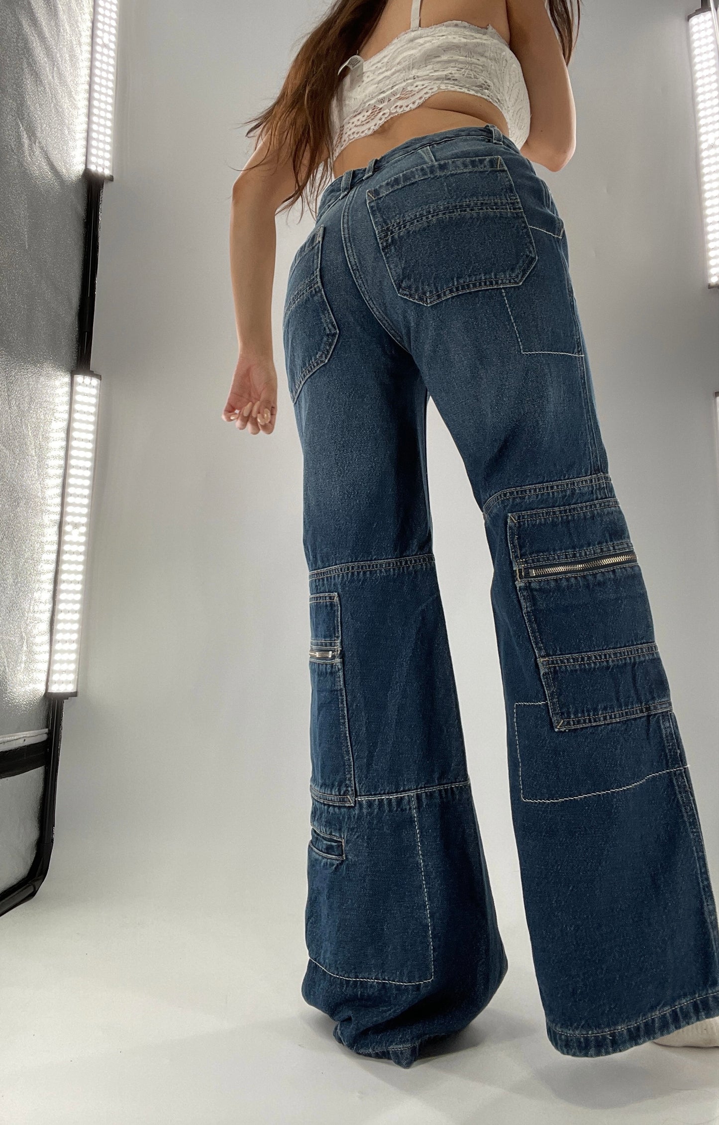 Free People Medium Wash Baggy Straight Legs Jeans Covered in Zippers, Pockets, Stitching (28)