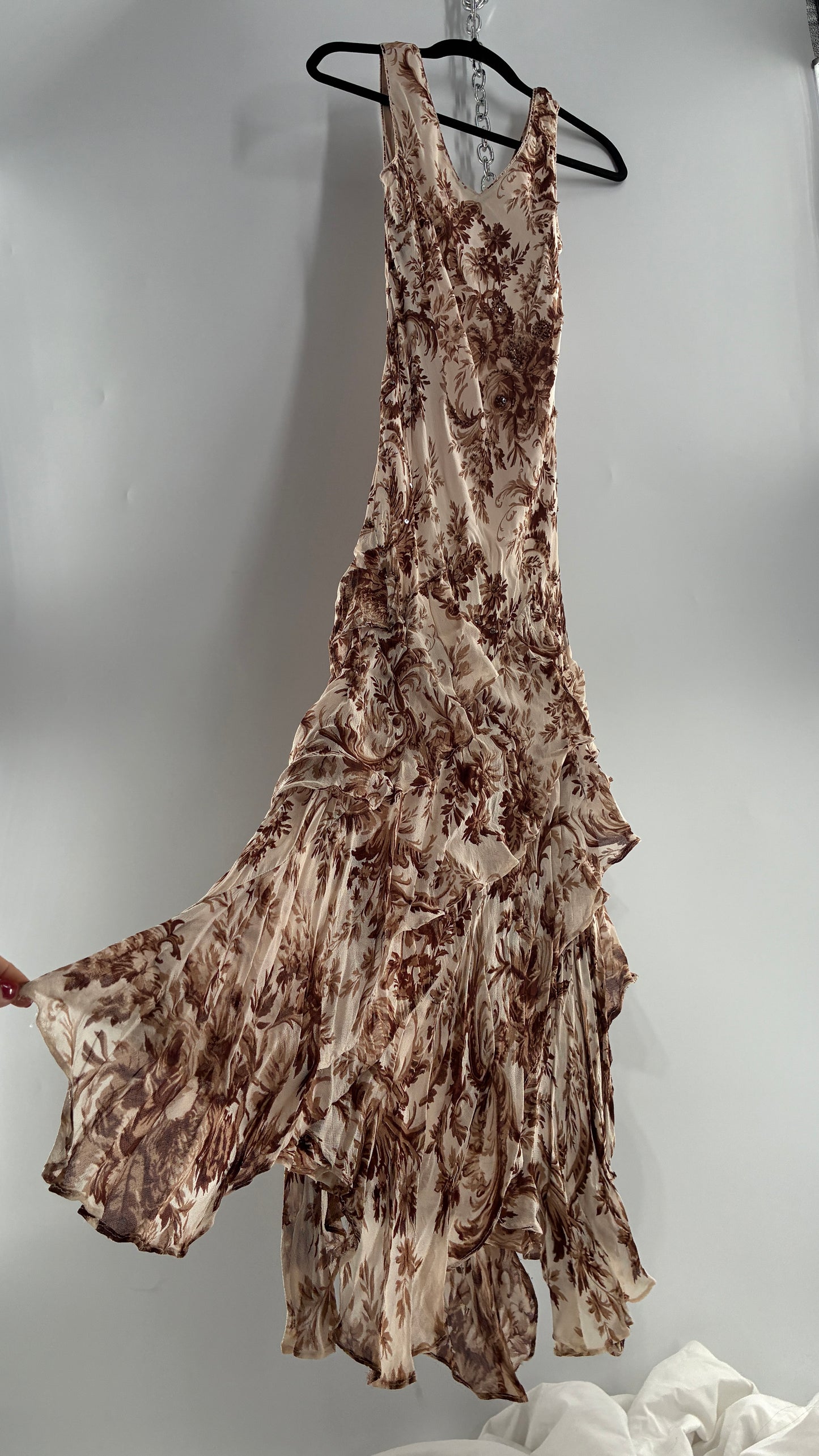 Vintage MAJICK 1990s Brown Floral, Asymmetric Ruffled Hem Gown with Embroidered Sequin Details (Medium)