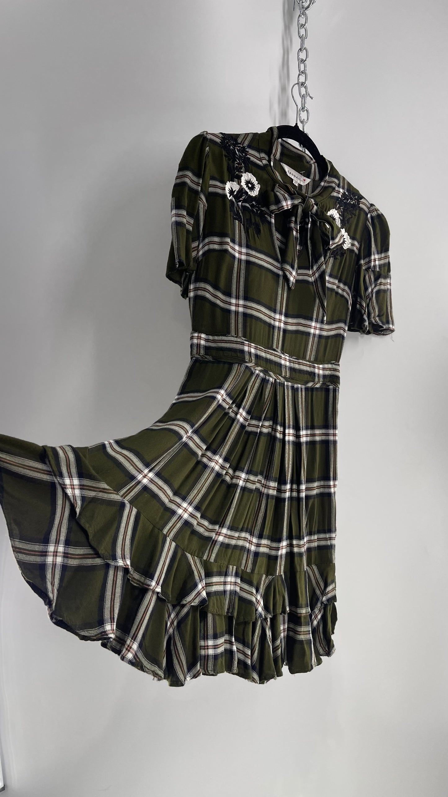 Ranna Gill Anthropologie Army Green Plaid Dress with Floral Embroidery and Bow Tie Detail (XS)