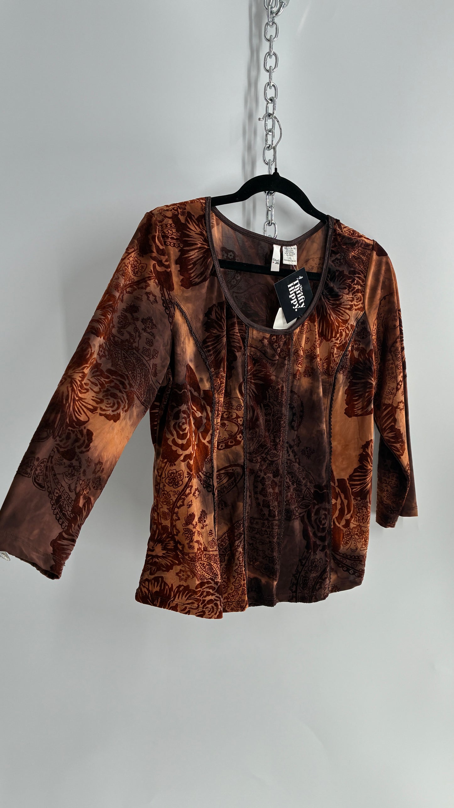 1990s Vintage SAMI + JO Velvet Burnout Brown and Orange Top (XL)