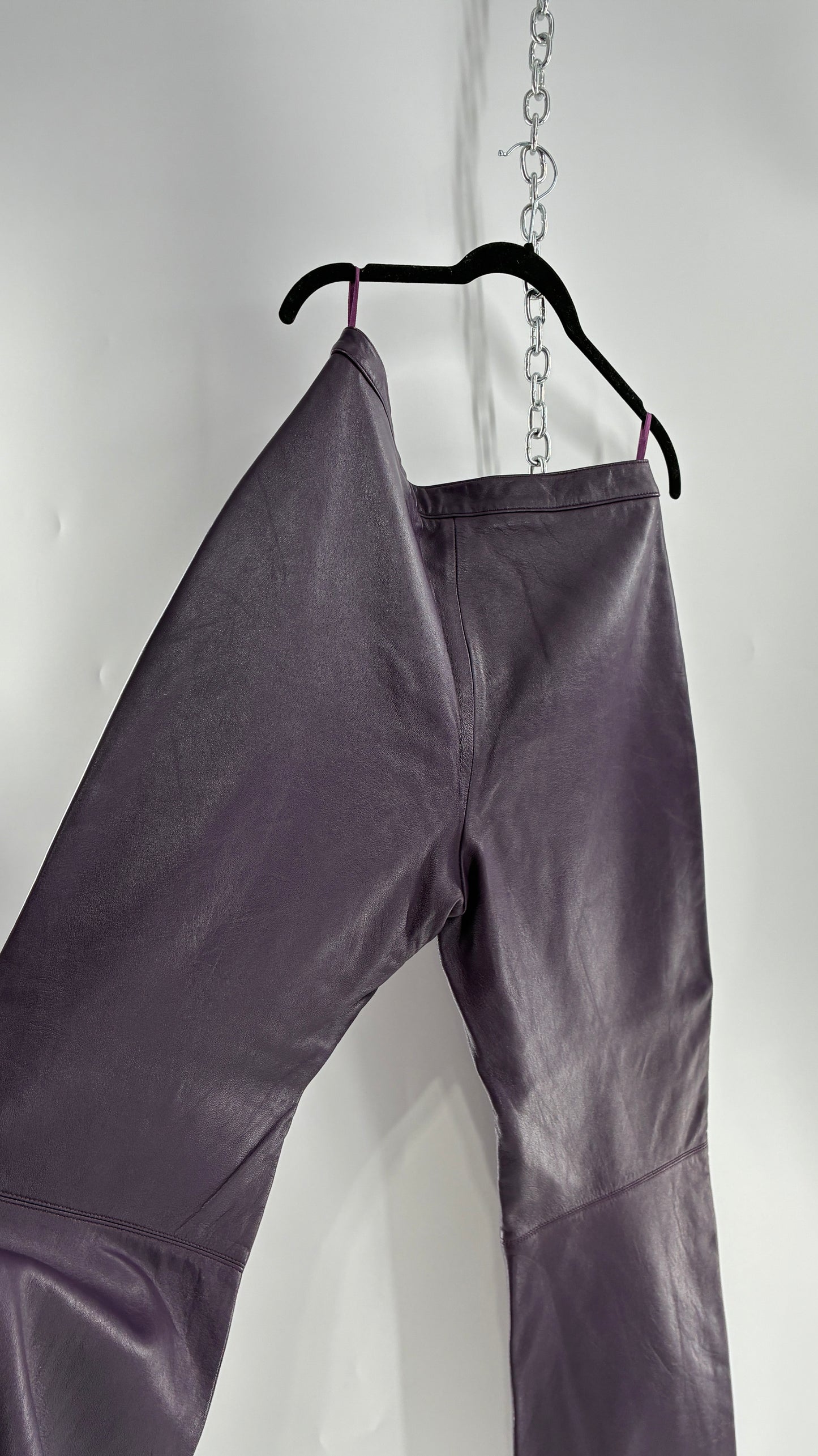 Vintage SHIN CHOI Genuine Italian Leather Purple Side Closure Low Rise Pants (12)