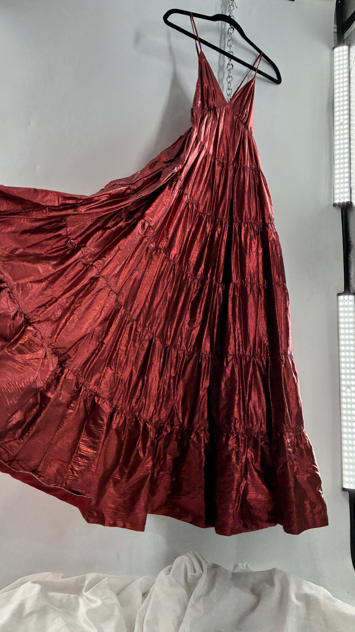 HUTCH Red Metallic Tiered Voluminous Maxi Gown (XS)