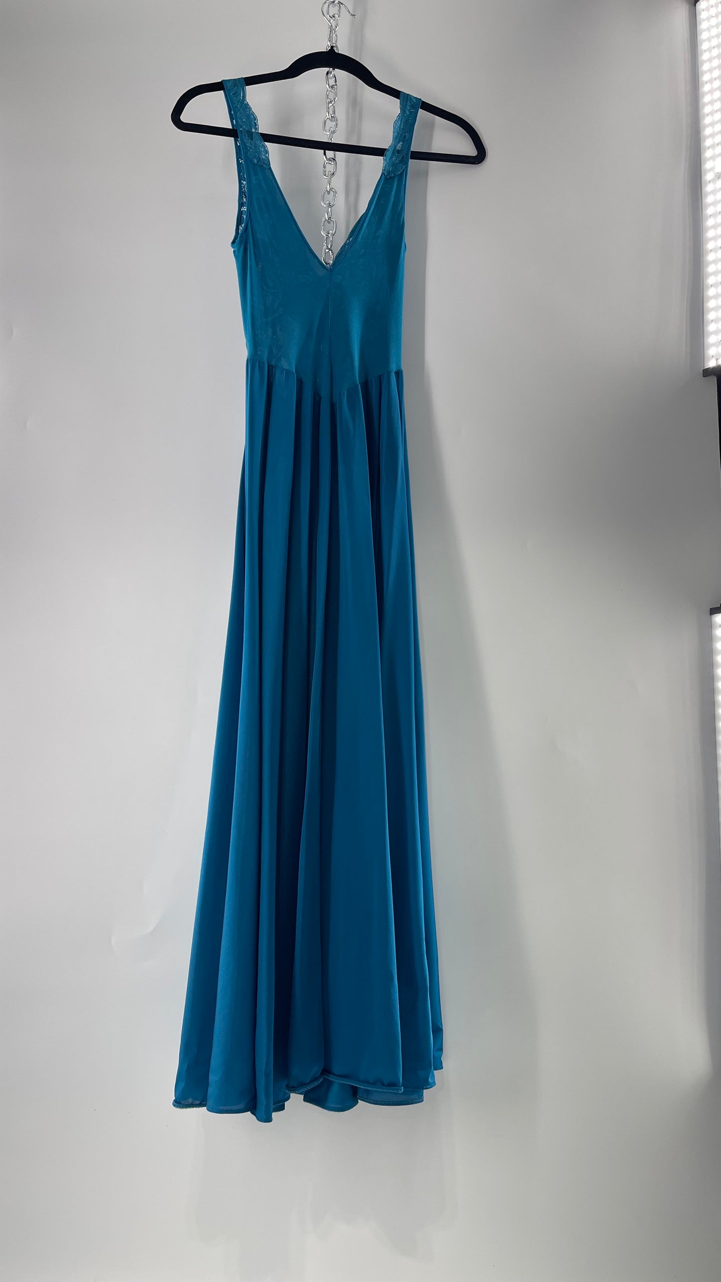 Vintage Olga Intimates Floor Length Voluminous Blue Jewel Toned Maxi Dress/Night Gown with Lace Bust (Small)