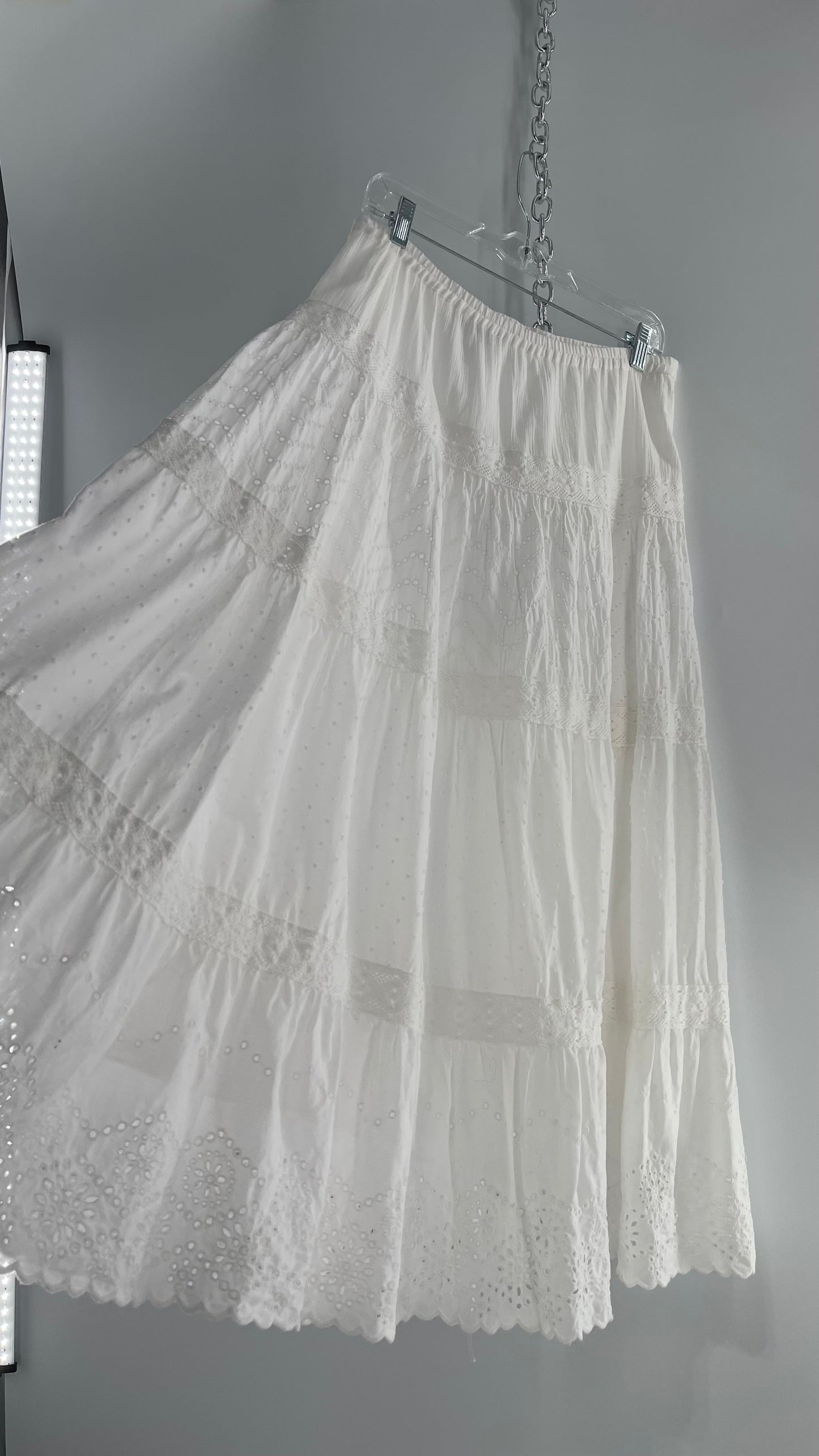 Vintage White Multi Textured Tiered Maxi Skirt (S/M)