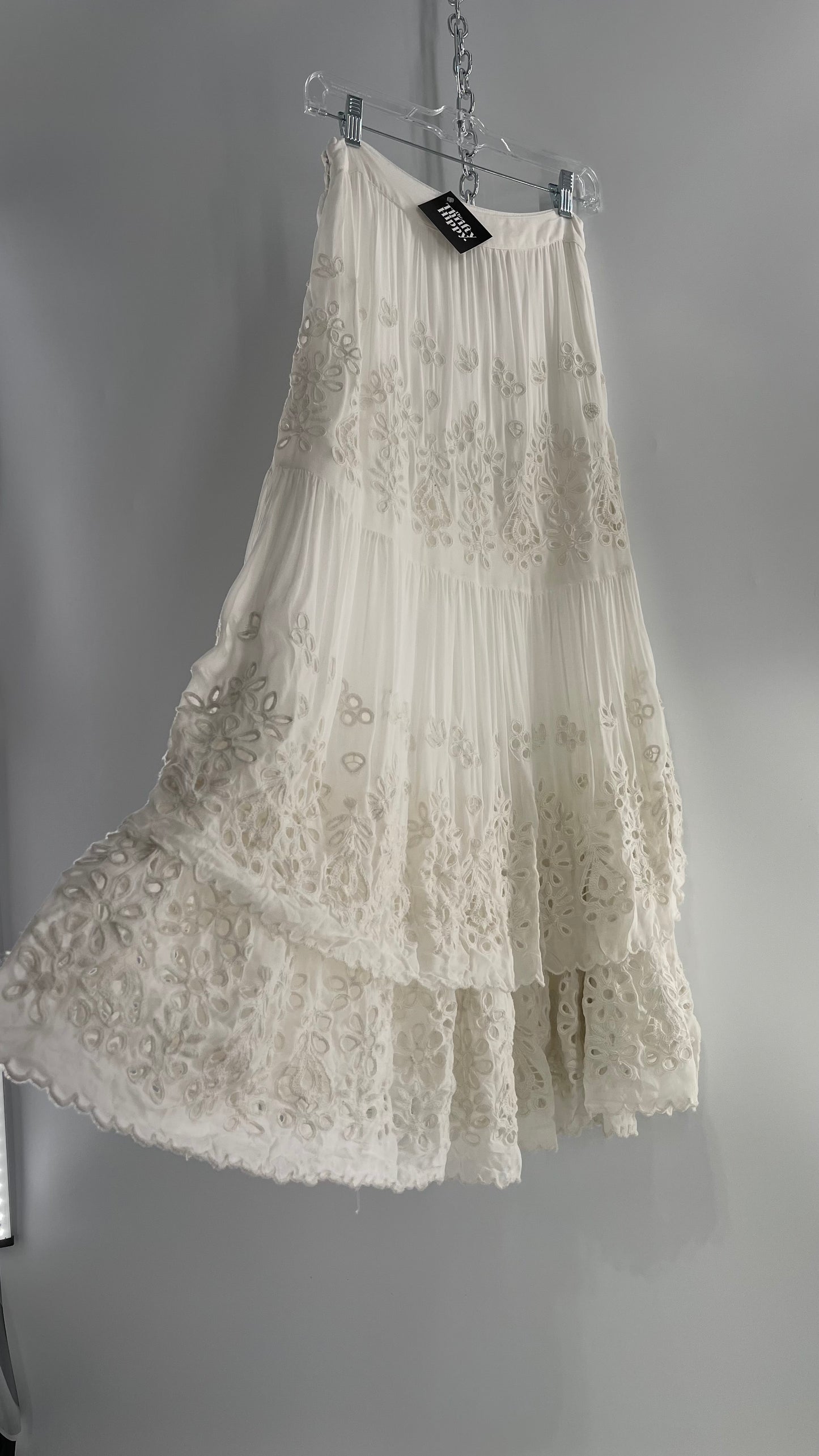 Free People White Embroidered Eyelet/Lace Voluminous Tiered Ruffle Full Length Skirt (4)