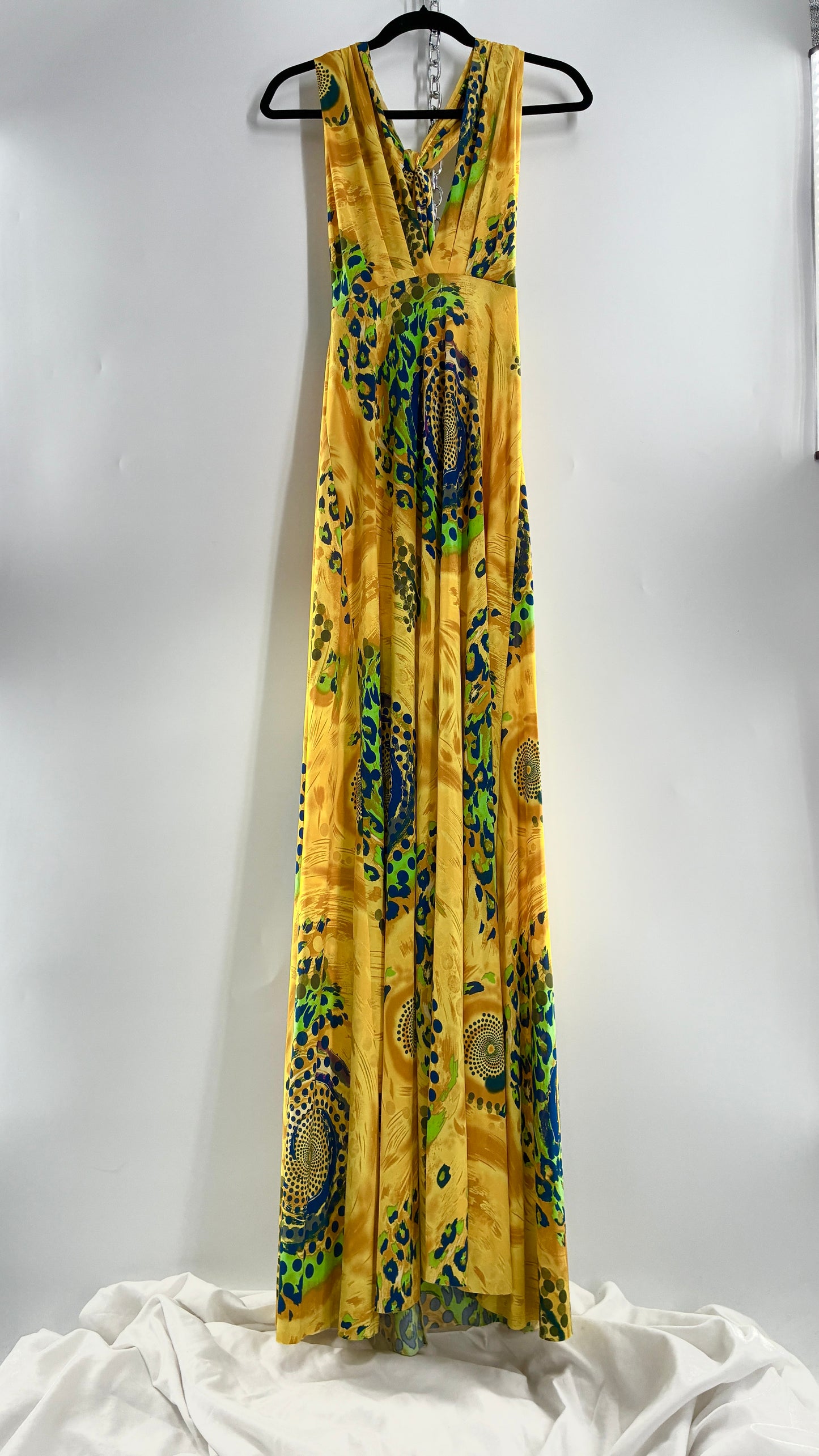 Vintage NARCISA LANG Lycra Full Length, Backless Yellow Dress with Graphic Pattern (XS/S)
