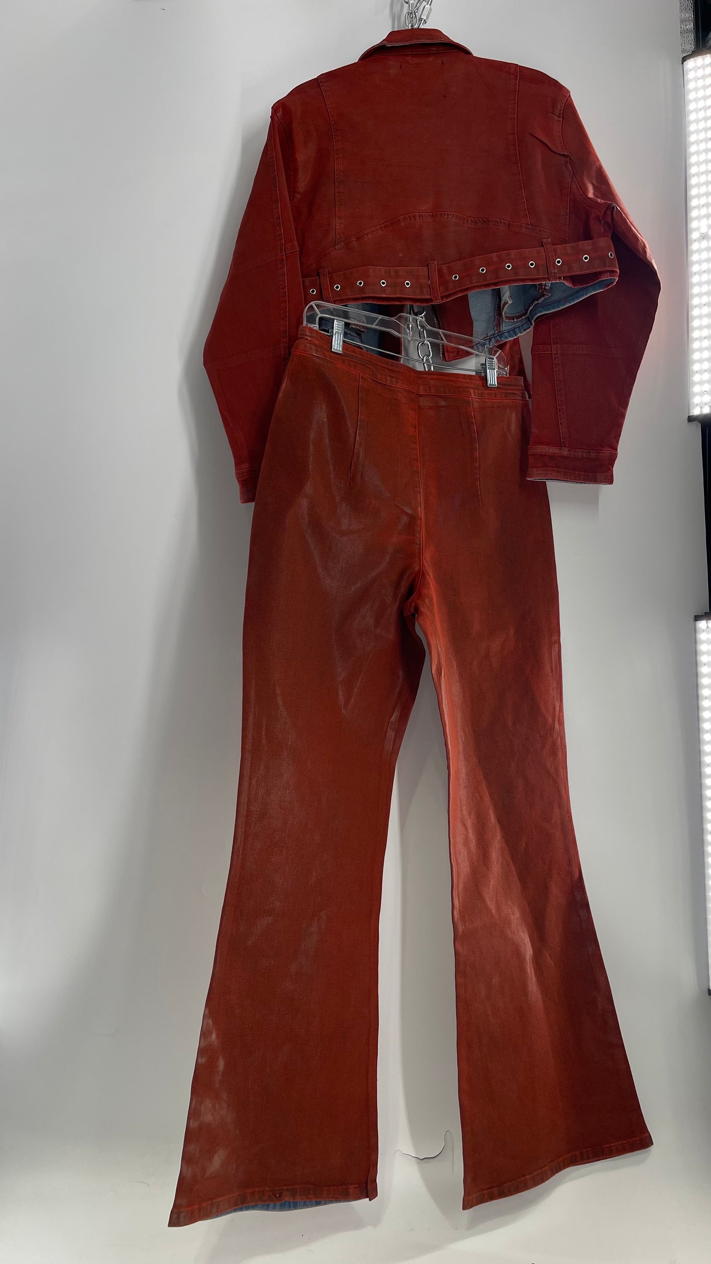 Fashion Nova Red Waxed Denim Cropped Motorcycle Jacket with Flared Jean Set and Tags Attached (XL/15)