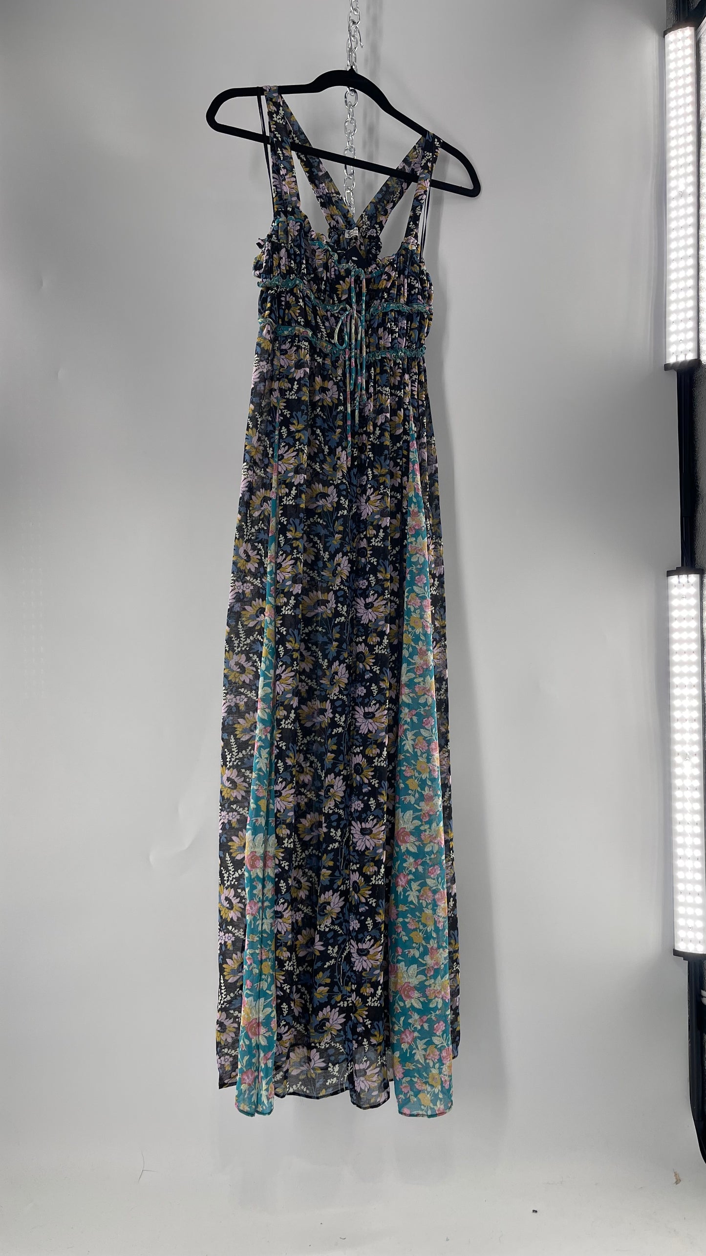 Intimately Free People Black and Teal Mixed Pattern Floral Maxi Dress with Tags Attached (XS)