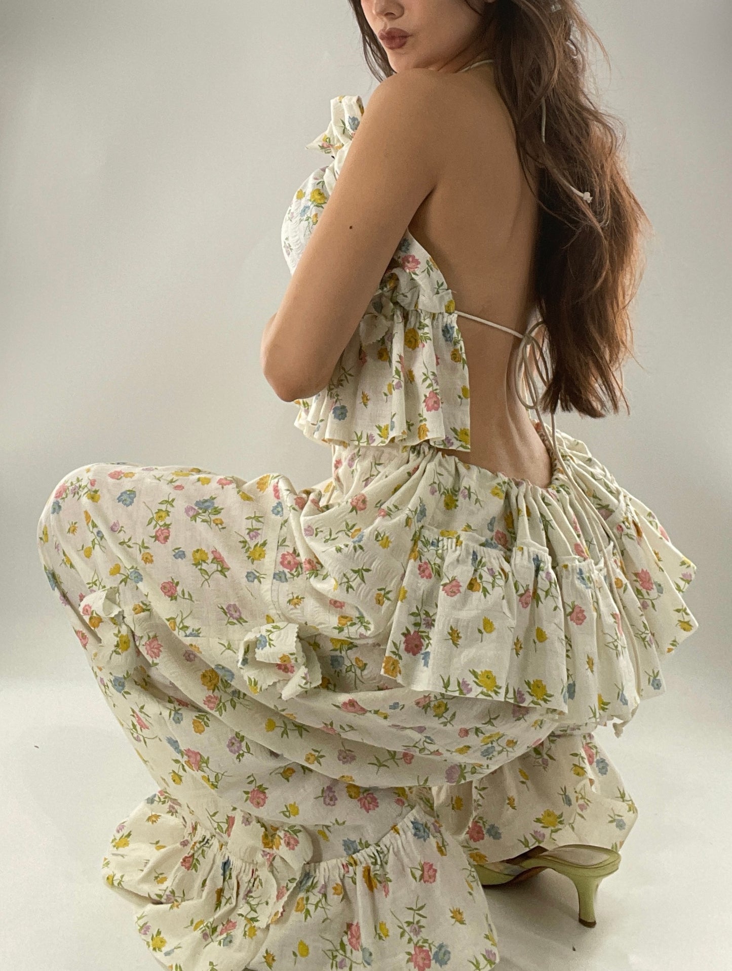 Vintage 2 Piece Floral Babydoll Set with Adjustable Top and Adjustable Pants Featuring Bow Sides and Ruffles Bum (One Size)