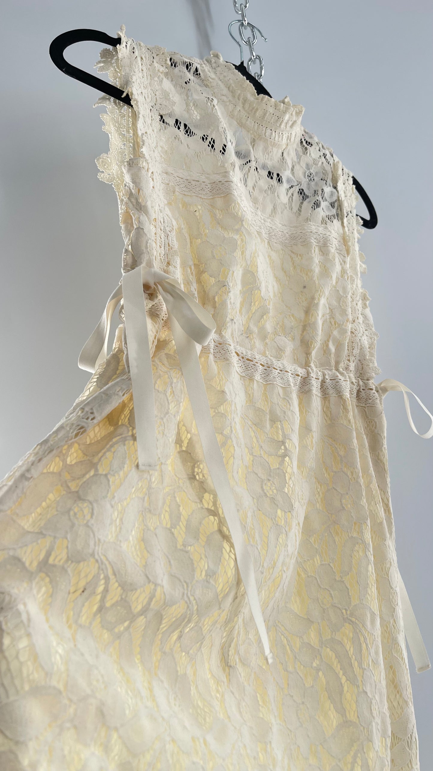 Eri + Ali Anthropologie Velvet Lace MIDI Dress with High Neckline and Side Bow Ties(XS)