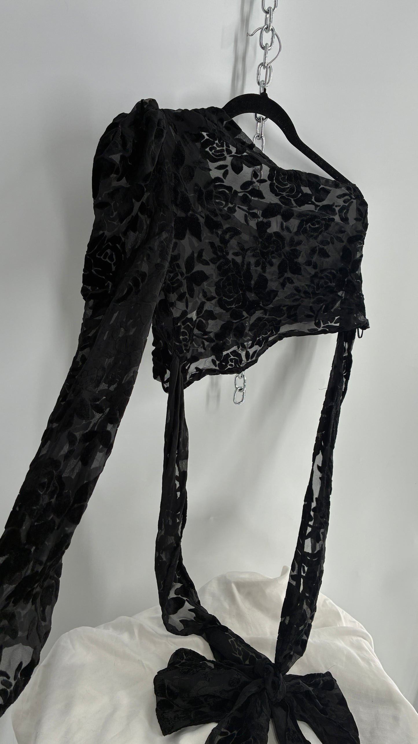 LIONESS Black Sheer Velvet Burn Out One Sleeve Tie Waist Blouse (XS)