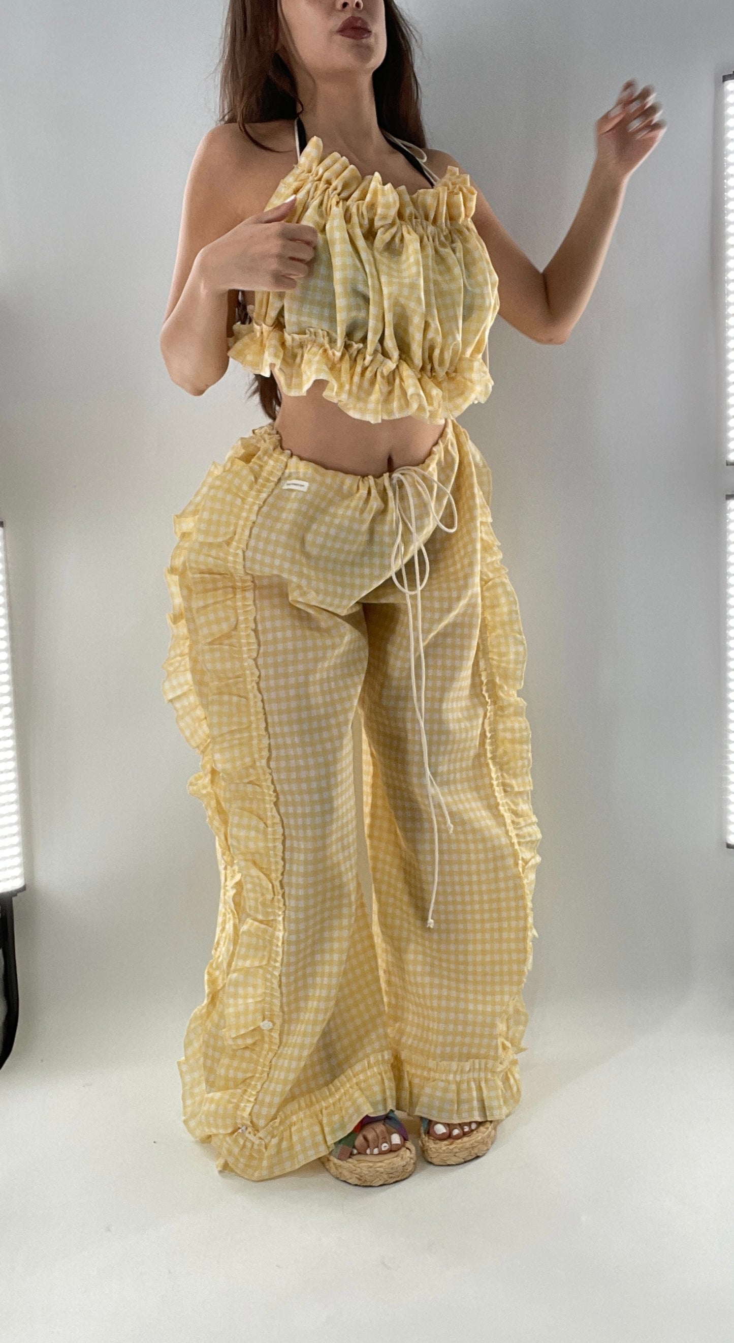 Vintage 2 Piece Yellow Checkered/Gingham Patterned Picnic Set with Ruched Bust Top and Ruffle Side Wide Legs with Adjustable Length, Strap Up Buttons on Hem (One Size)