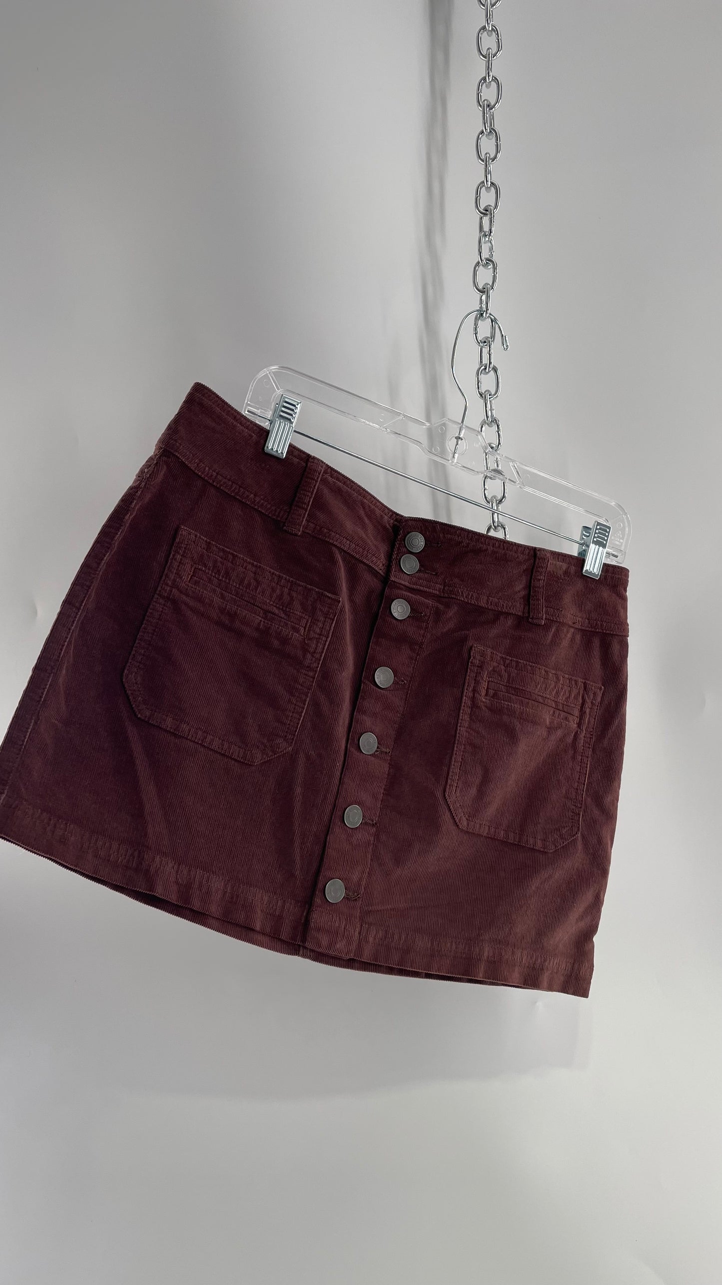 Free People Brown Corduroy Button Front Mini Skirt with Front Pockets (29)