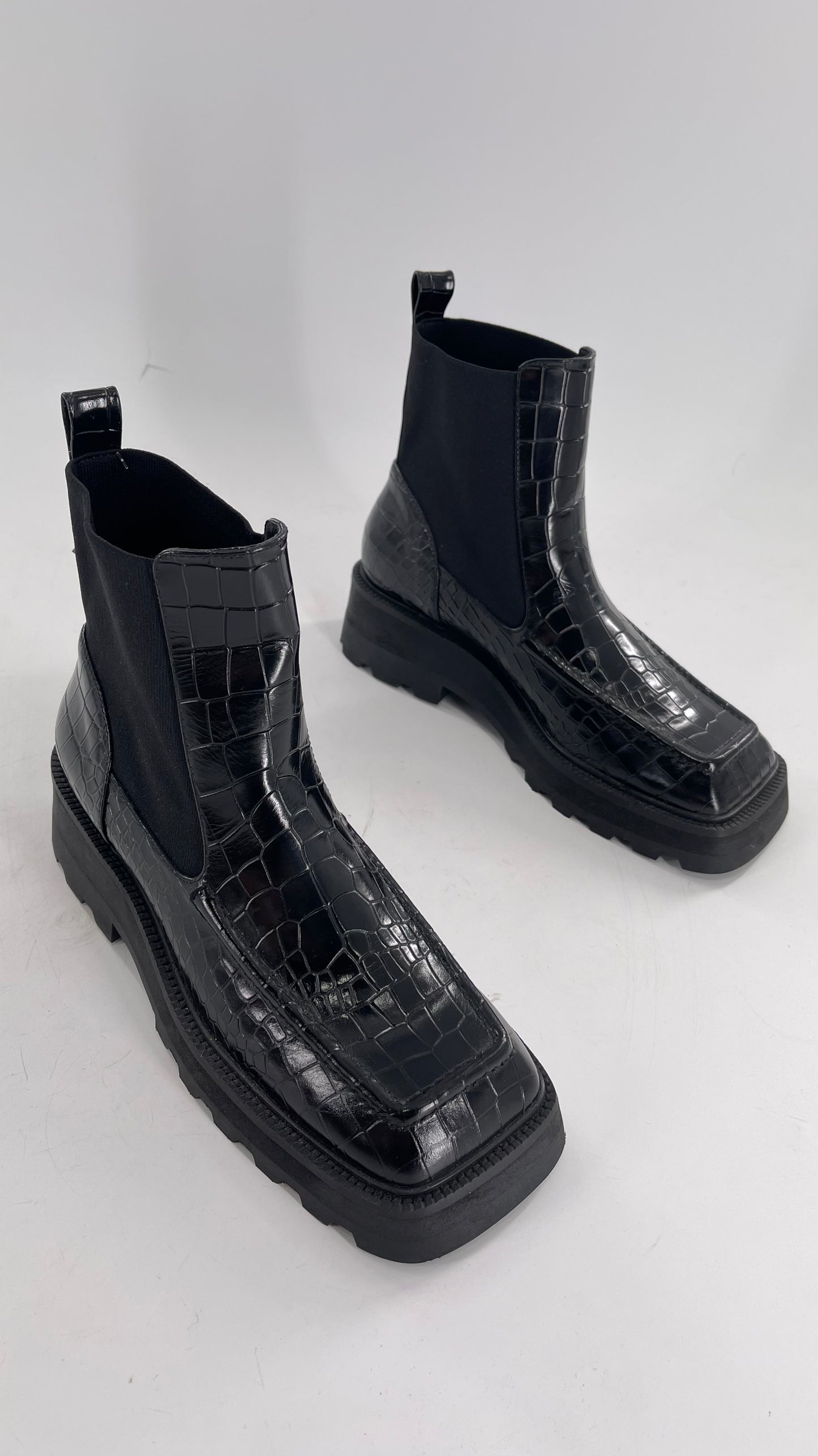 INTENTIONALLY Black Patent Crocodile Embossed Extreme Square Toe Boots (10)