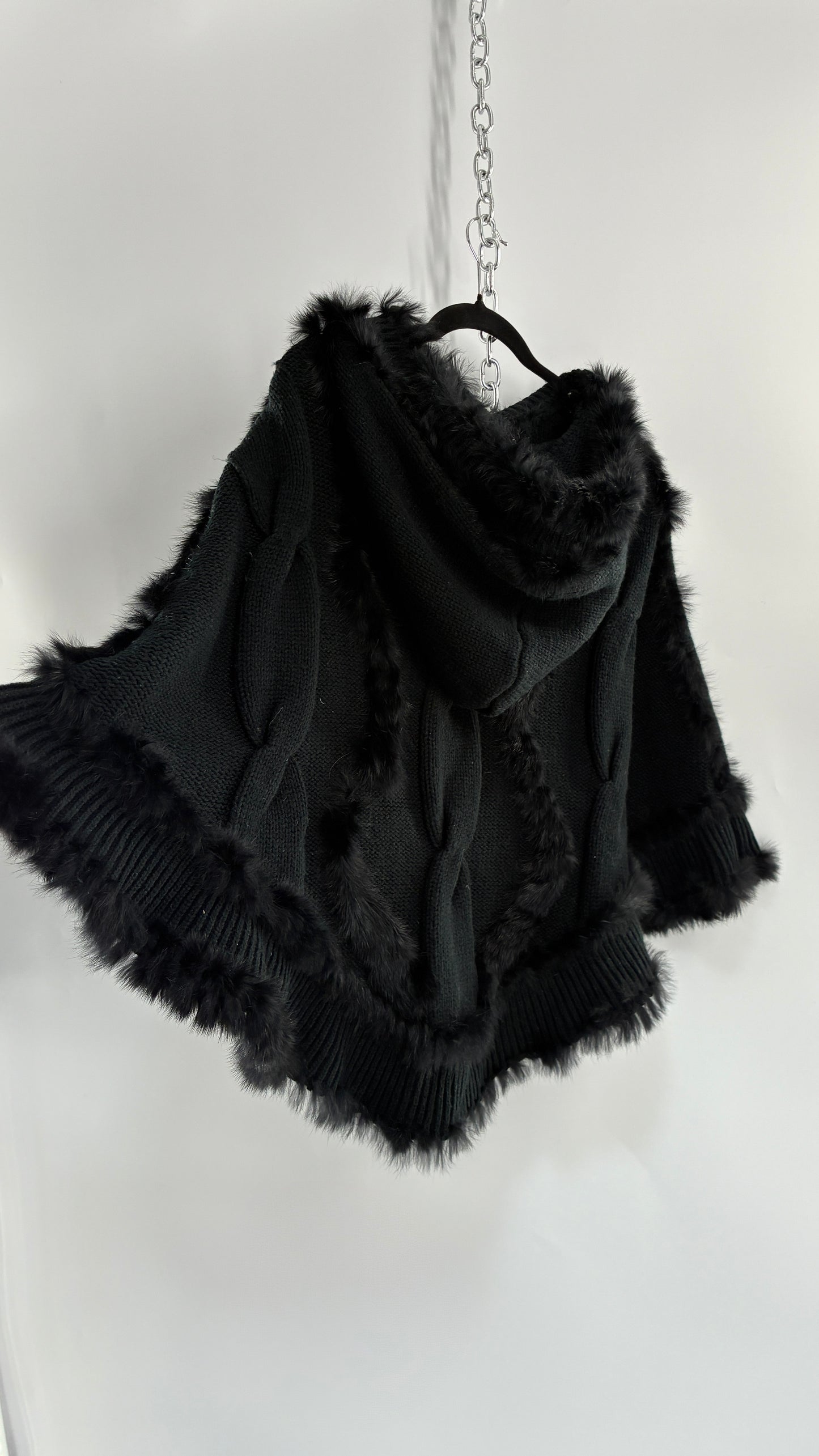 Vintage Black Cable Knit, Hooded Poncho with Genuine Rabbit Fur Trim (One Size)