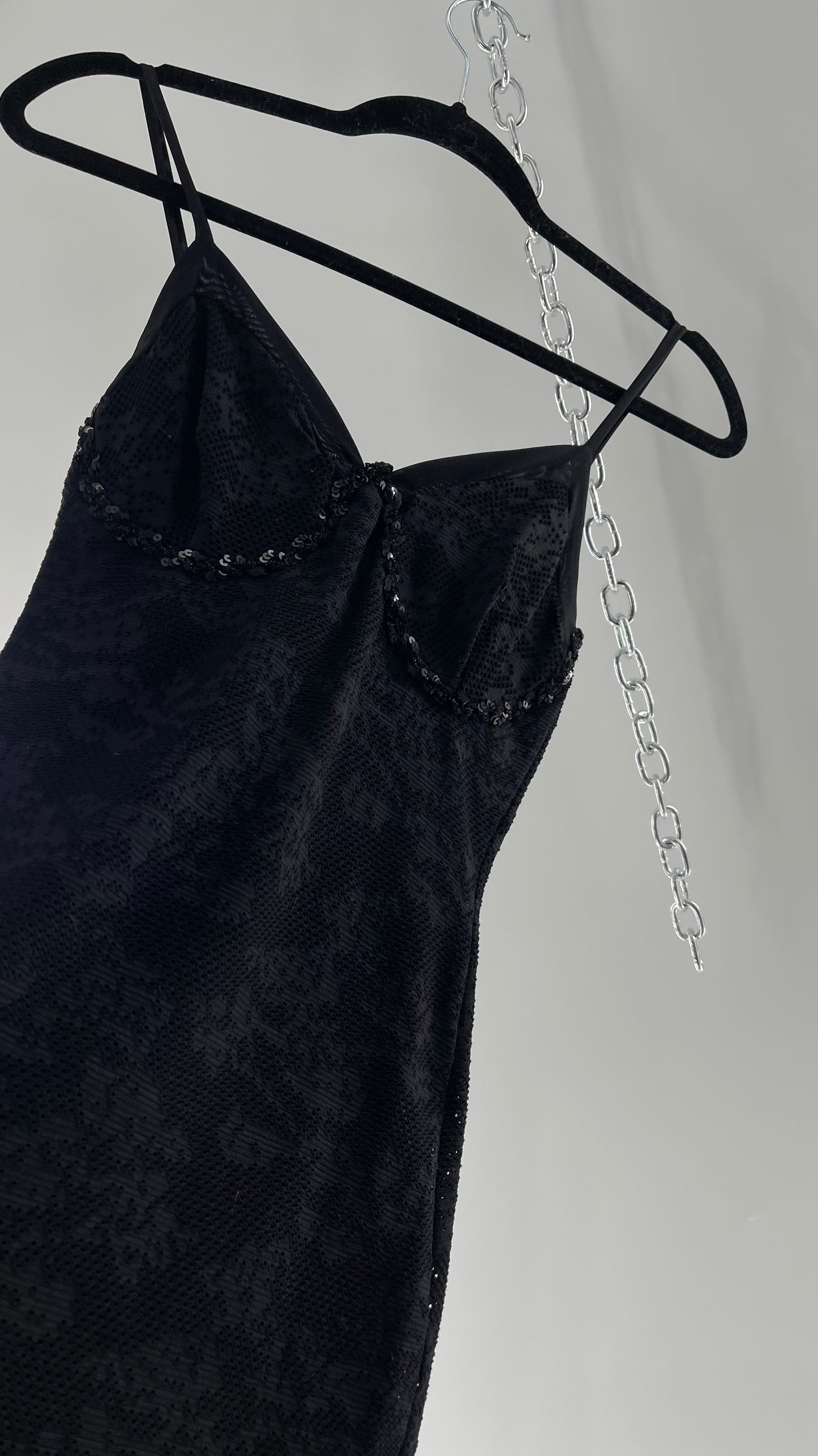 Vintage Black Lace Bodycon Dress with Sequin Underbust Detailing (XS)