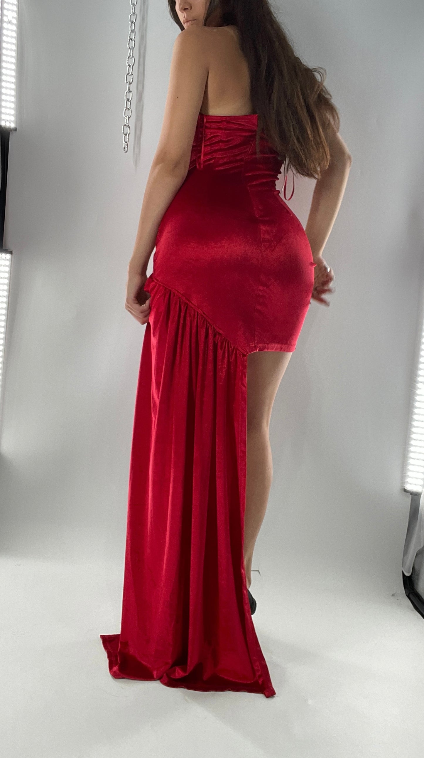 BANJUL Nalu Boutique Red Velvet Ultra Micro Mini Dress with Sheer Corseted Body, Ruched Cups and Side Sash (M)