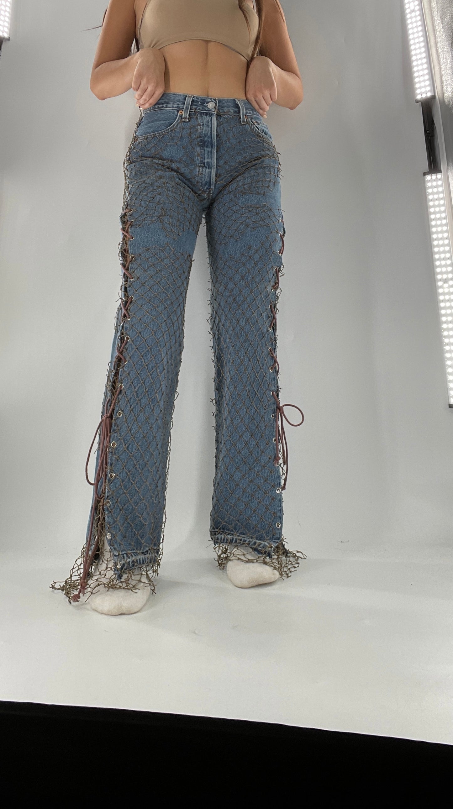 Custom - Fishnet Levi’s with Grommets and Lace Up Sides (Waist 29 Length 30) Fits Like a 26*