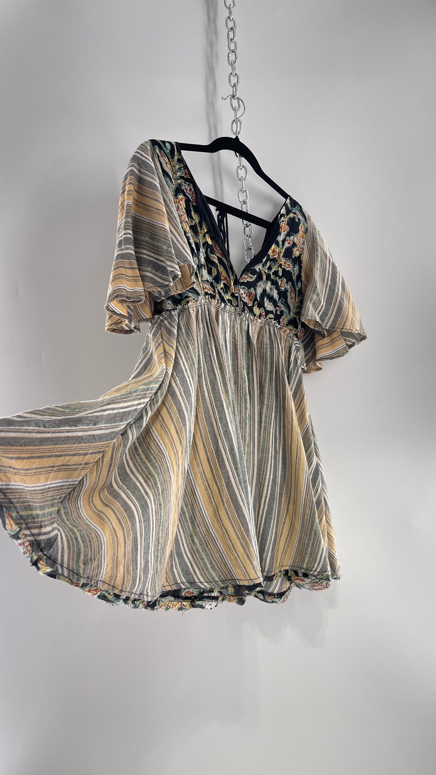 Free People Dual Fabric Floral/Woven Boho Babydoll Mini Dress (XS)