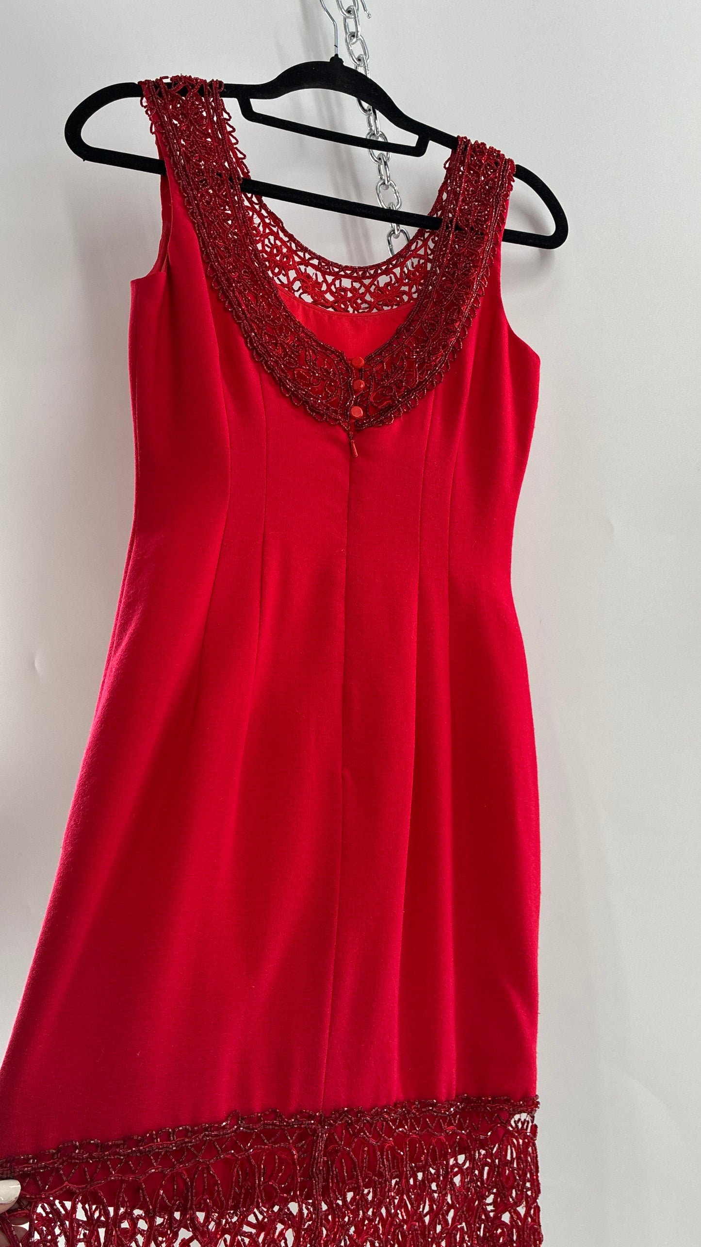 Vintage CARMEN MARC VALVO Red 100% Fitted, Tailored Wool Dress with Beaded Hem and Neckline (6)