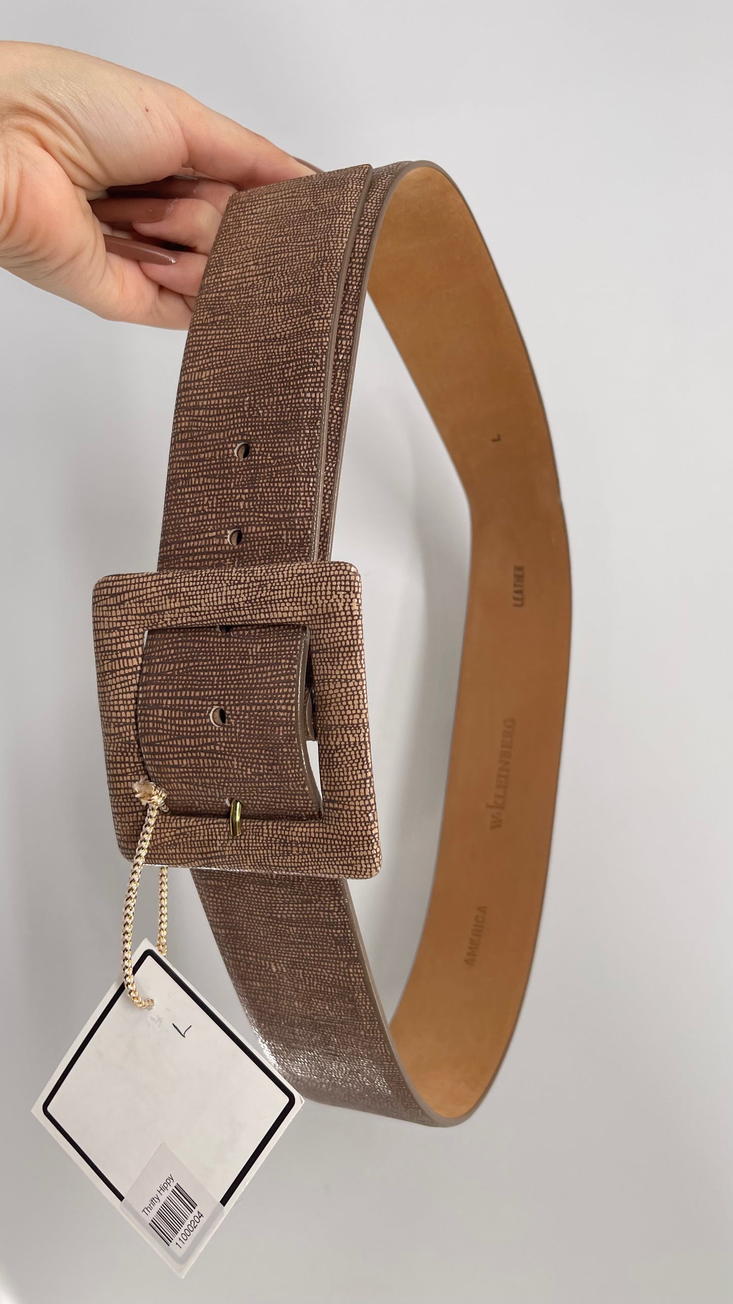W. Kleinberg Genuine Tan Leather Textured Belt with Square Covered Buckle (Large)