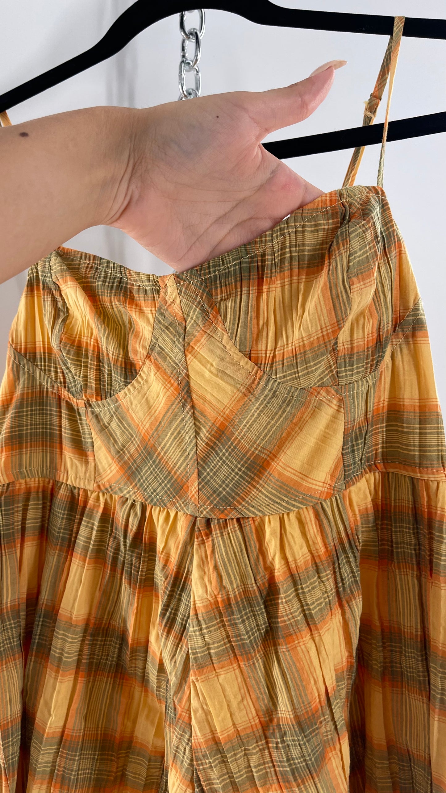Urban Outfitters Yellow Plaid Playsuit Romper with Faux Bustier Stitching (Small)