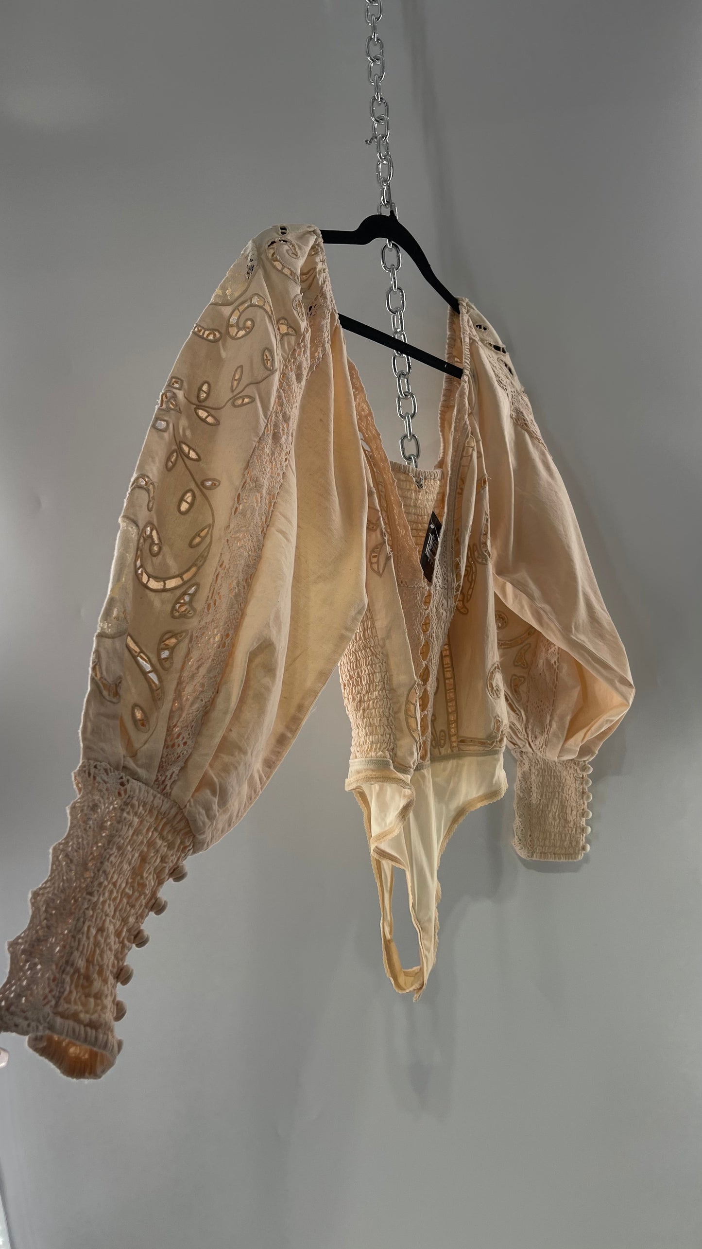 Free People Off White Cotton Bodysuit with Embroidered Lace Balloon Bishop Sleeve and Smocked, Buttoned Cuffs (Large)
