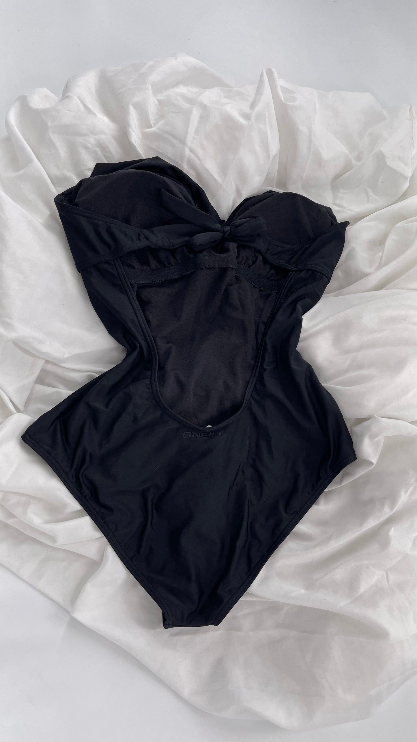 O’Neill Black Swimsuit with Built in Bra with Ruffled Bust, Open Back, Straps and Tags Attached (Large)