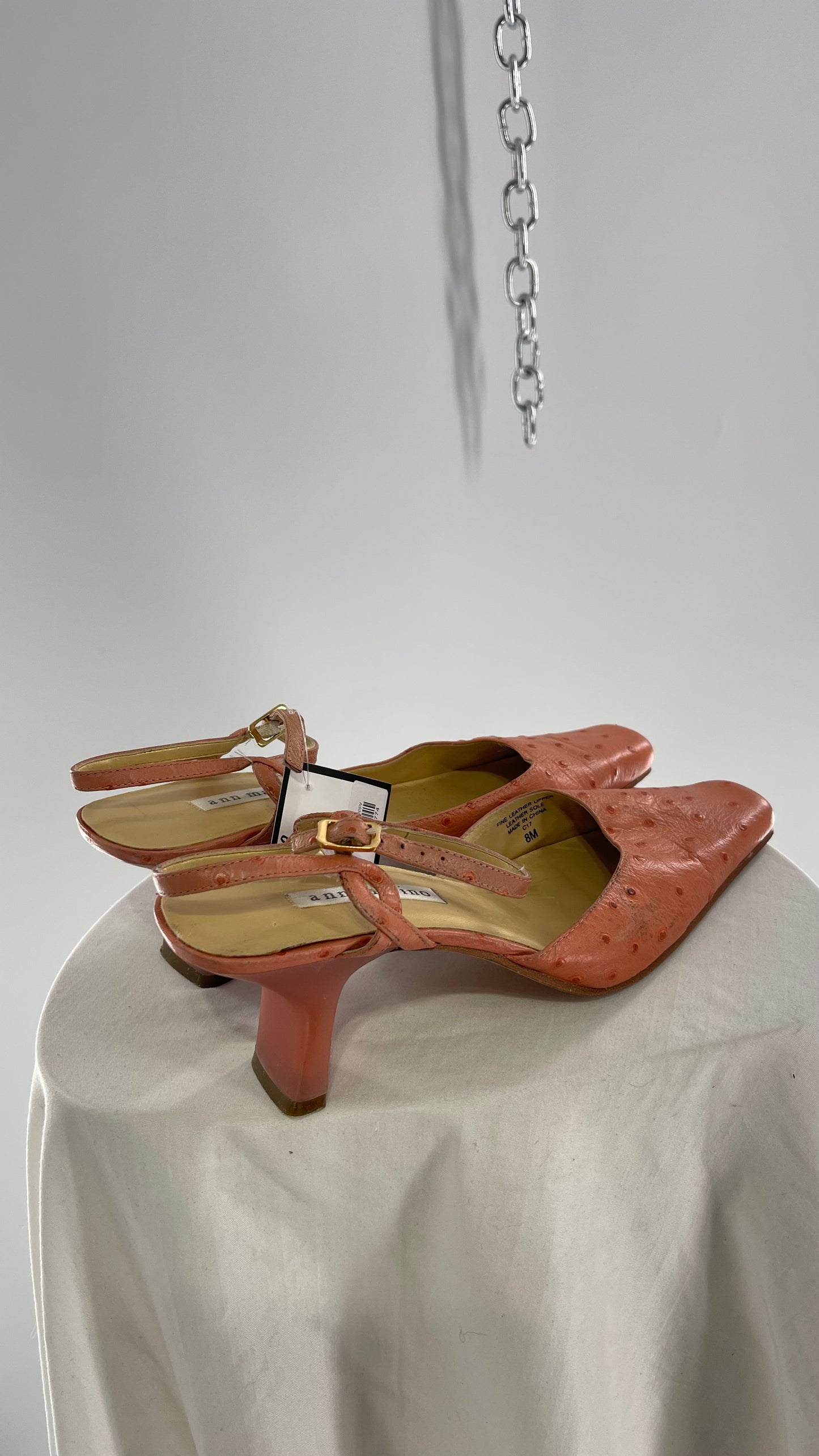 Vintage 1990s Ann Marino Pink Peach Genuine Leather Sling Back Pointed Square Toe Kitten Heel (8)