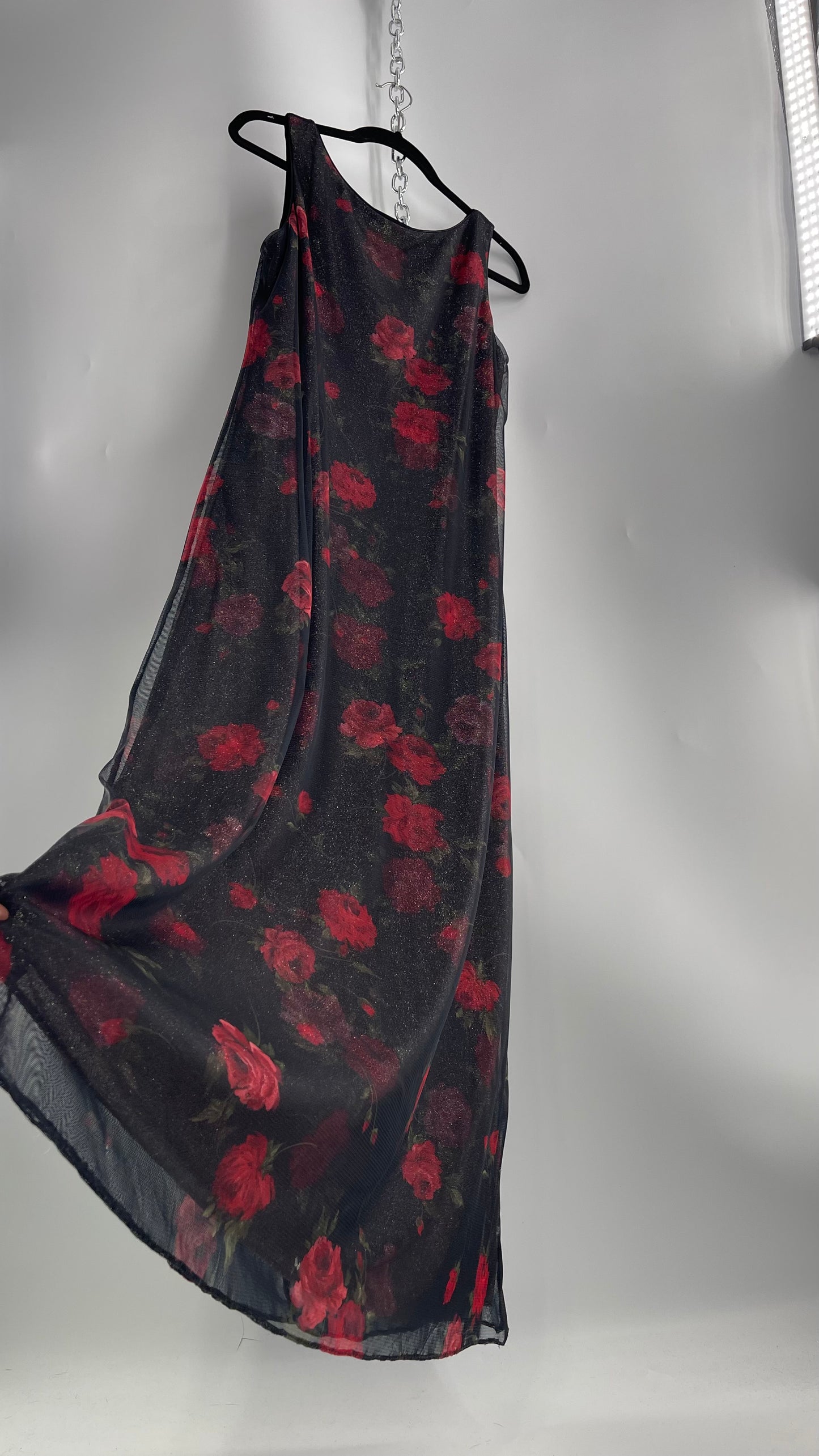 Vintage TEDDI EVENING Dress with Red Rose Layer Over Glitter Graphic and Black Base Layer (10)