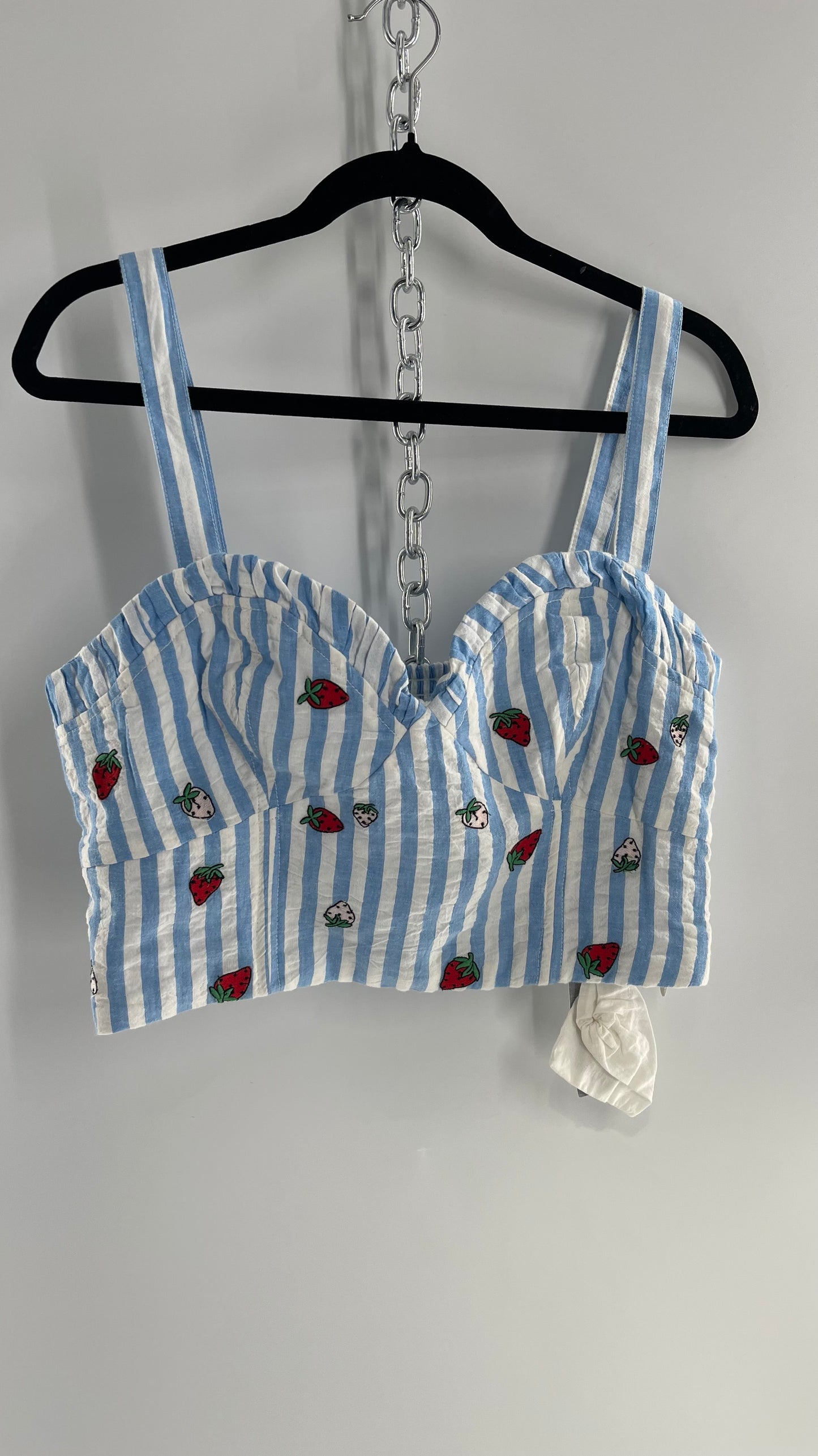 Maeve Anthropologie Baby Blue White Striped Corset Like Crop with Embroidered Strawberries (6)