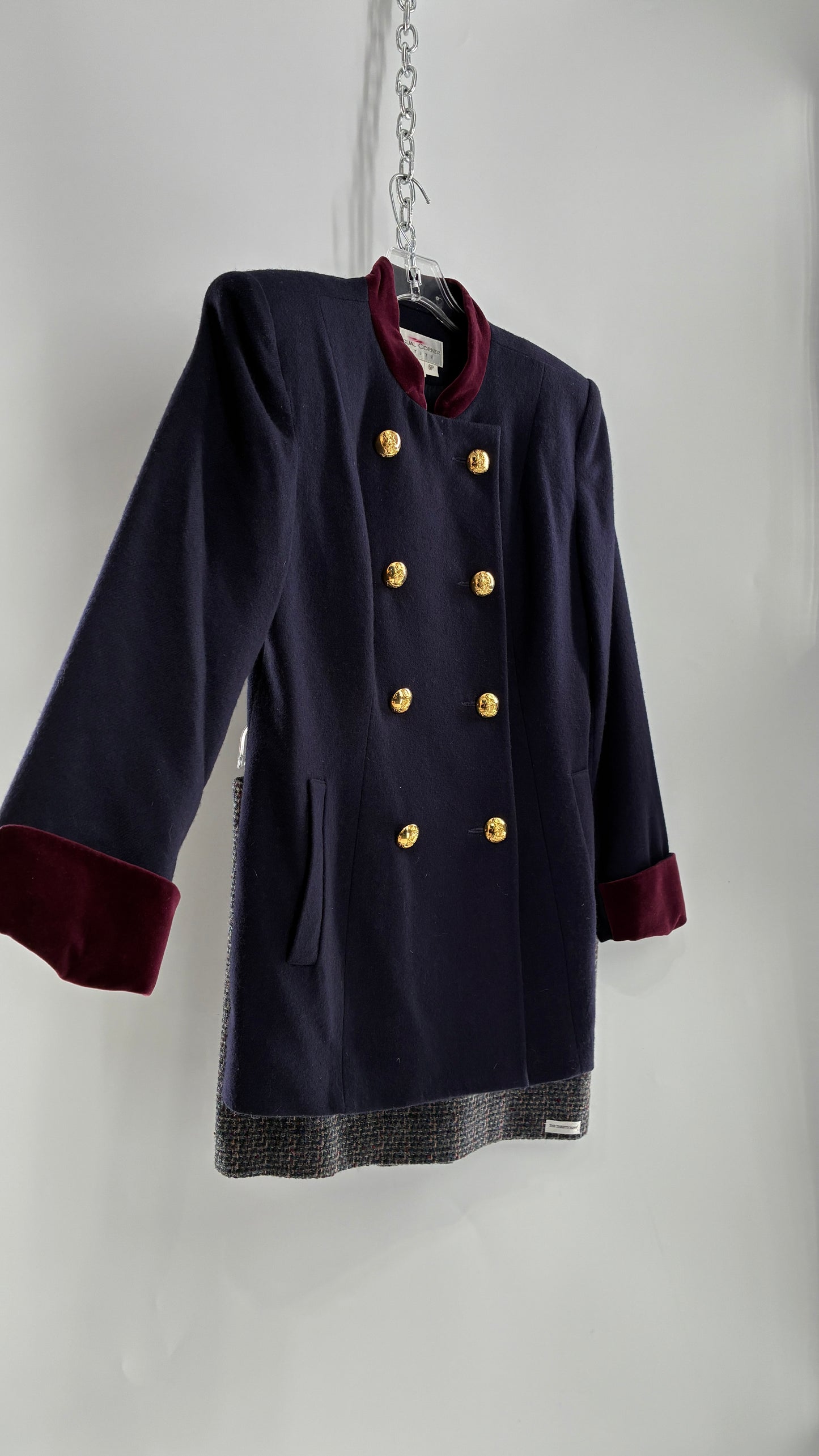 Vintage Suit Set with Bell Boy Style Double Breasted Wool, Velour Cuff Jacket and Upcycled Mini Skirt (6P)
