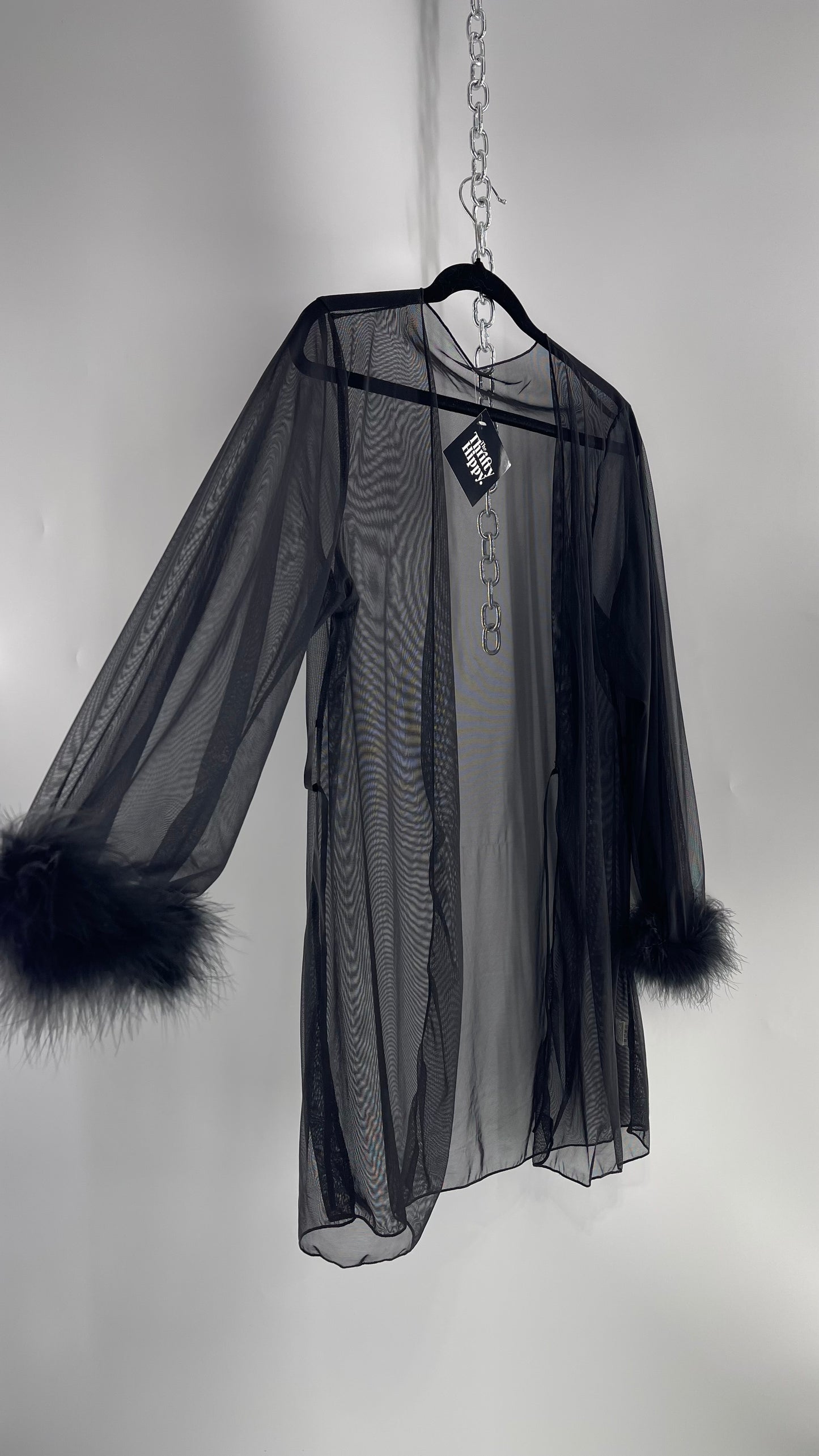 Black Mesh Long Sleeve Toss On with Feather Cuffs (Medium)