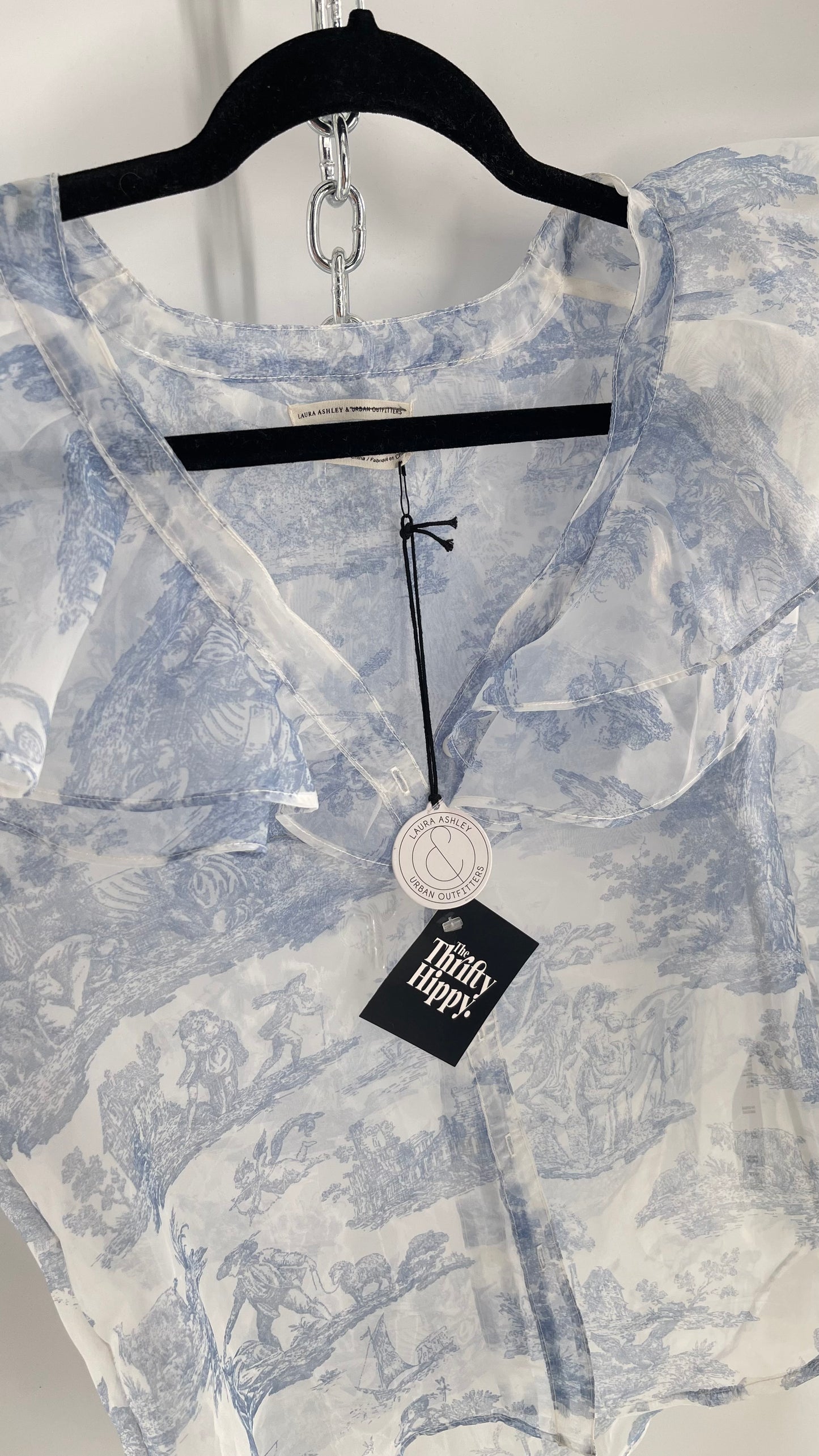 Laura Ashley Urban Outfitters Voile Sheer Ruffled Shoulder Button Up with Blue Vintage Print (XS)