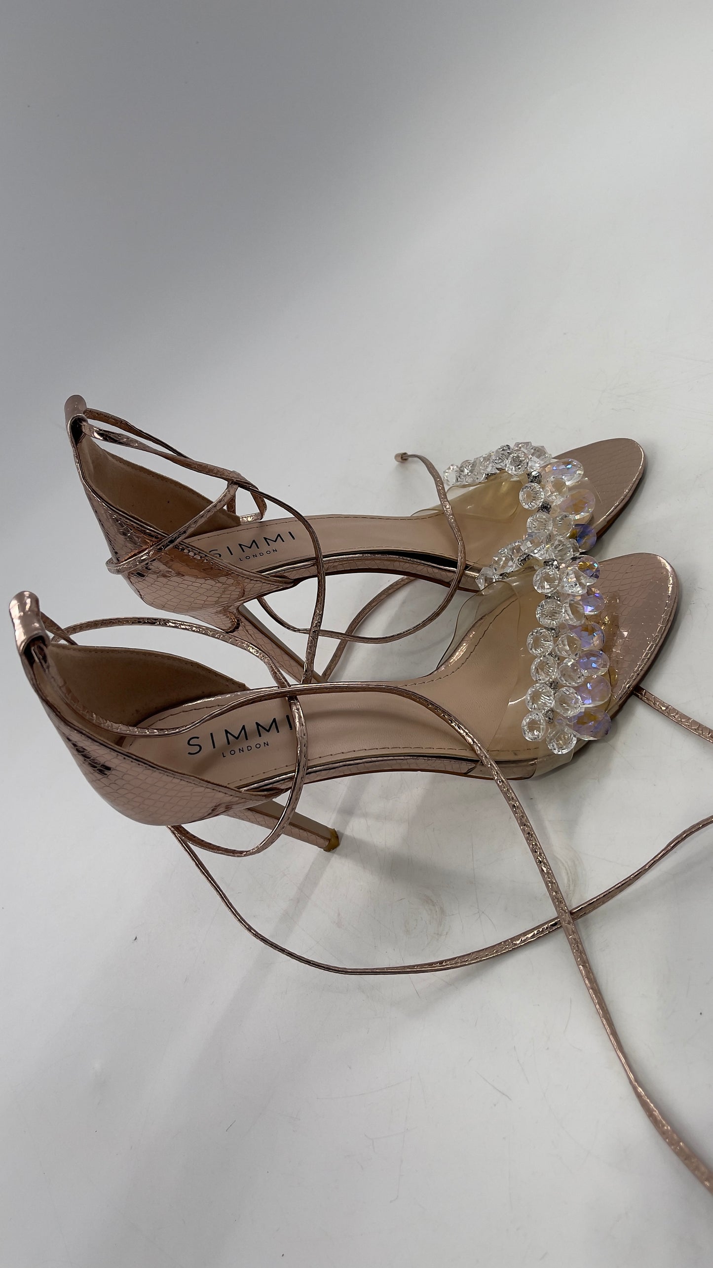 SIMMI LONDON Rose Gold Textured Heels with Clear Toe Strap Covered in Rhinestones/ Crystal Pendants and Tie Up Ankle Straps (7)