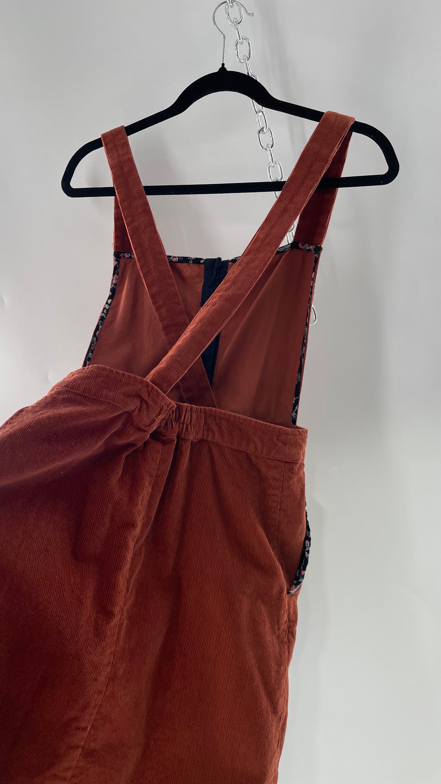 Seen. Worn. Kept. Anthropologie Terracotta Burnt Orange Corduroy Overall Dress with Embroidered Flower Details (S)