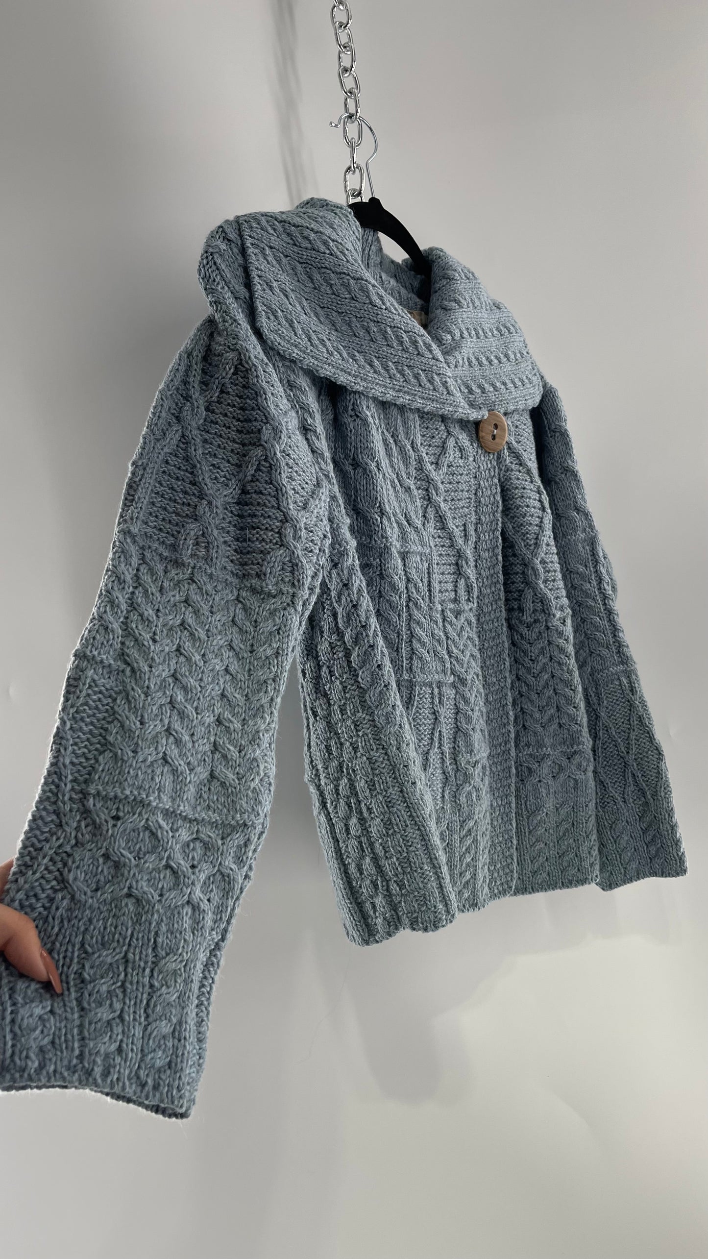 Authentic Irish Aran Sweater Market Slate Blue Aran Stitch Sweater with Oversized Wooden Button Detail and Certificate of Authenticity (Small)